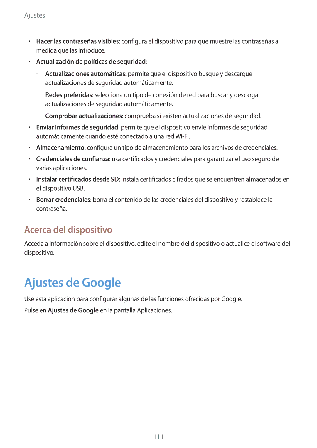 Samsung SM-T335NZWAPHE, SM-T335NYKAATL Ajustes de Google, Acerca del dispositivo, Actualización de políticas de seguridad 