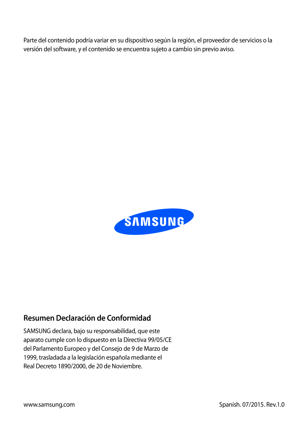 Samsung SM-T335NYKAATL, SM-T335NZWAPHE, SM-T335NYKAPHE manual Resumen Declaración de Conformidad 