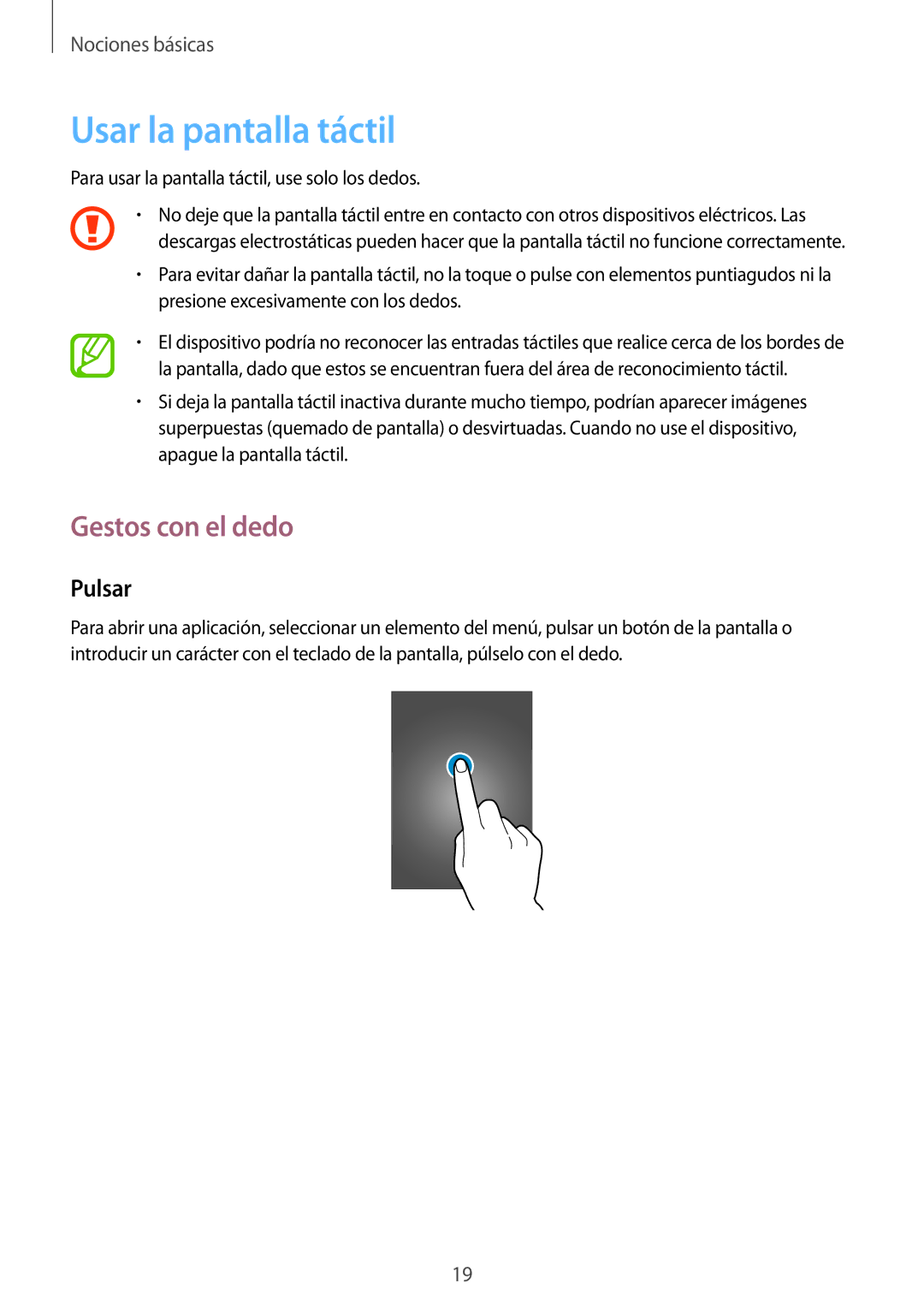 Samsung SM-T335NYKAATL, SM-T335NZWAPHE, SM-T335NYKAPHE manual Usar la pantalla táctil, Gestos con el dedo, Pulsar 