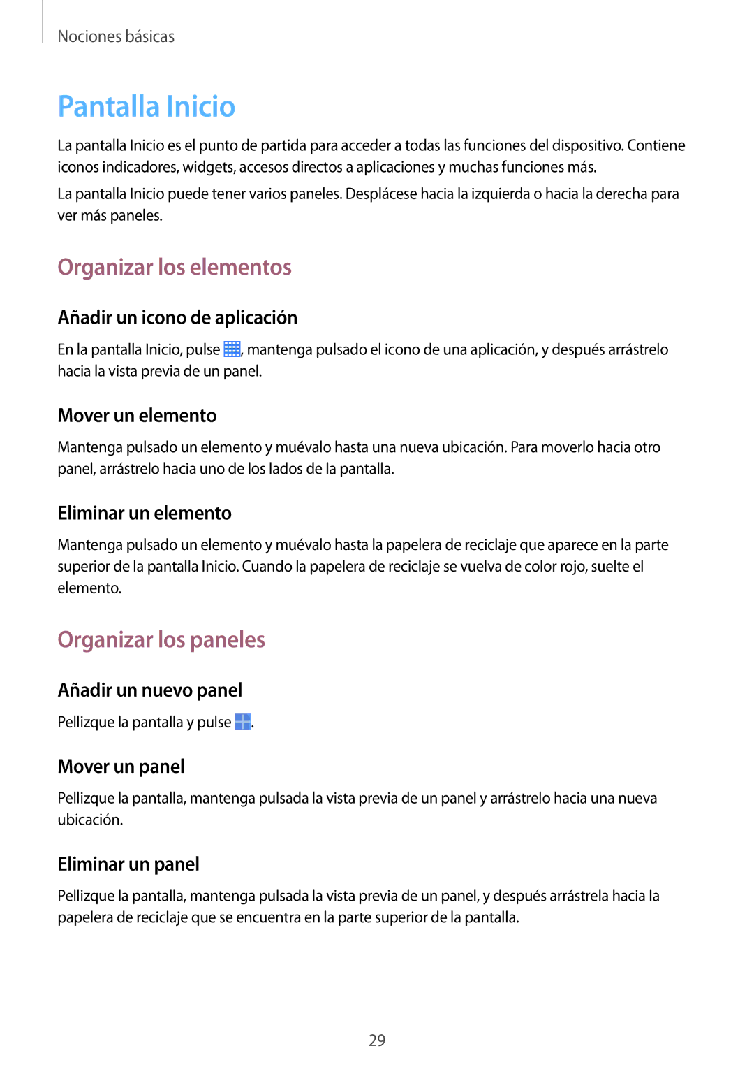 Samsung SM-T335NYKAPHE, SM-T335NZWAPHE, SM-T335NYKAATL manual Pantalla Inicio, Organizar los elementos, Organizar los paneles 