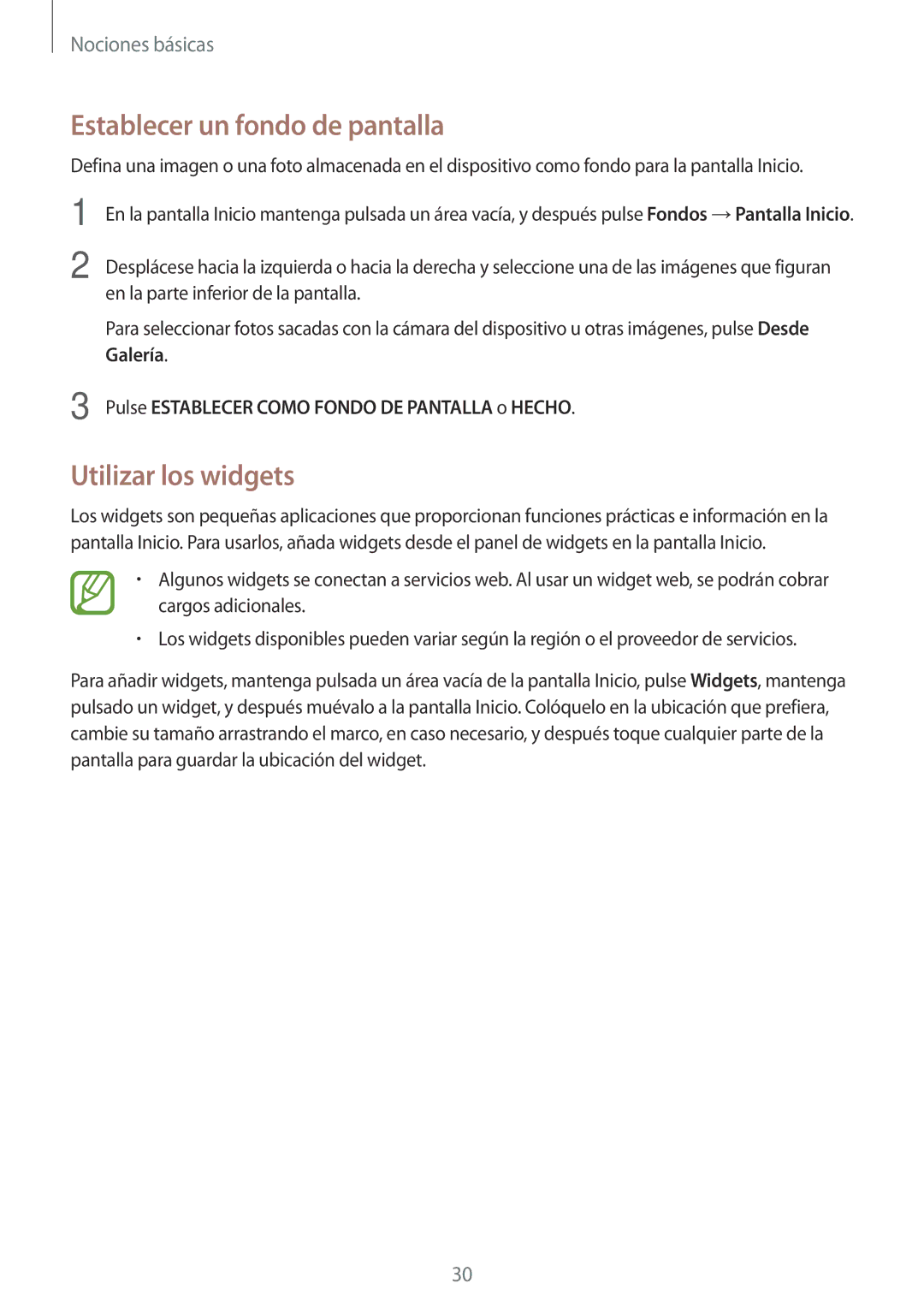 Samsung SM-T335NZWAPHE, SM-T335NYKAATL, SM-T335NYKAPHE manual Establecer un fondo de pantalla, Utilizar los widgets 