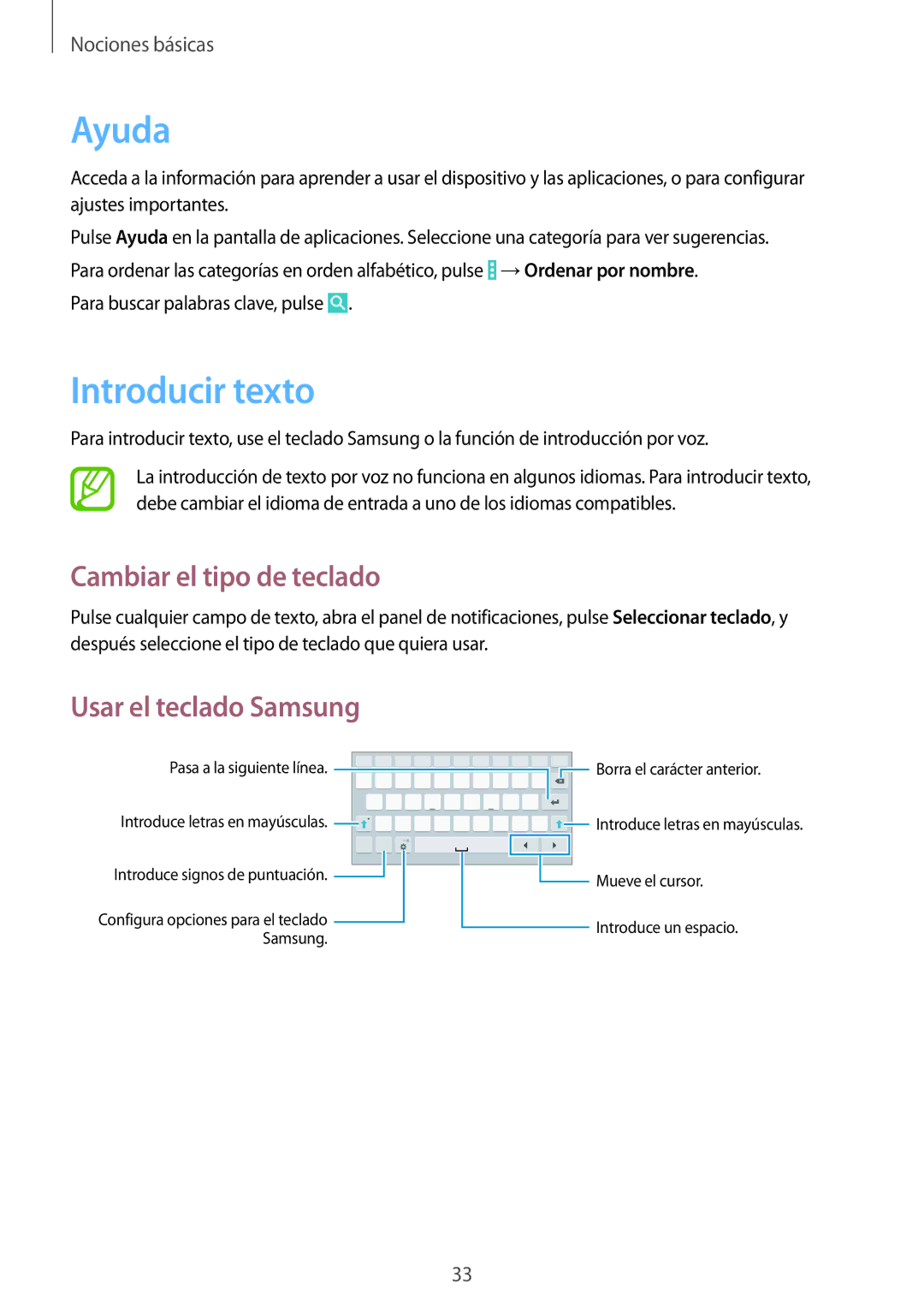 Samsung SM-T335NZWAPHE, SM-T335NYKAATL manual Ayuda, Introducir texto, Cambiar el tipo de teclado, Usar el teclado Samsung 