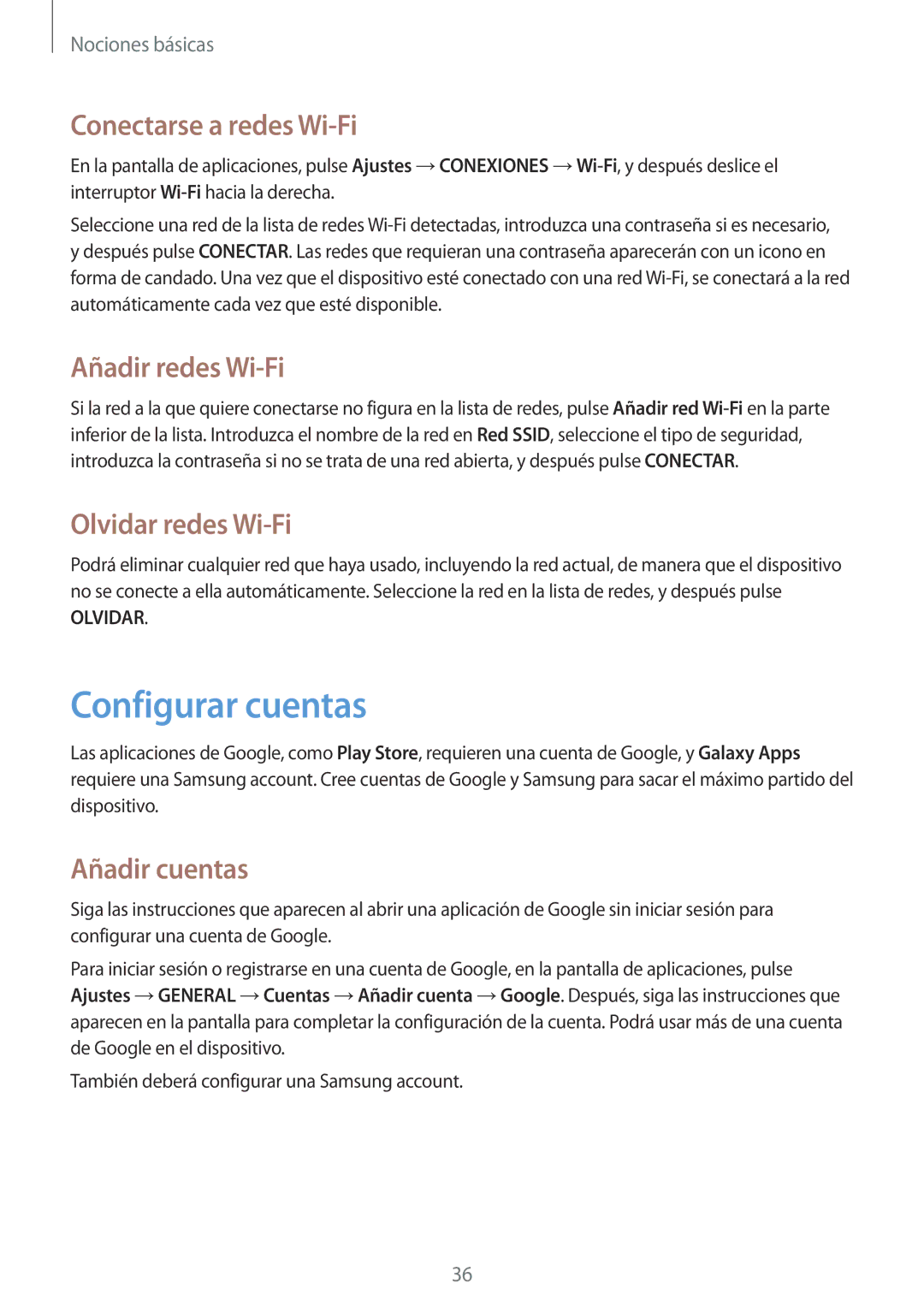 Samsung SM-T335NZWAPHE manual Configurar cuentas, Conectarse a redes Wi-Fi, Añadir redes Wi-Fi, Olvidar redes Wi-Fi 