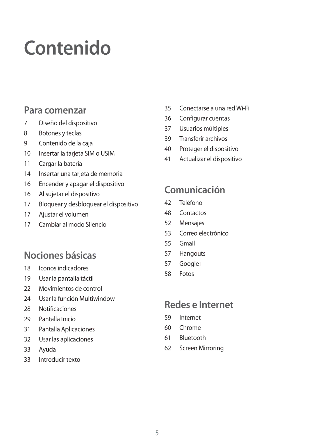 Samsung SM-T335NYKAPHE, SM-T335NZWAPHE, SM-T335NYKAATL manual Contenido, Para comenzar 