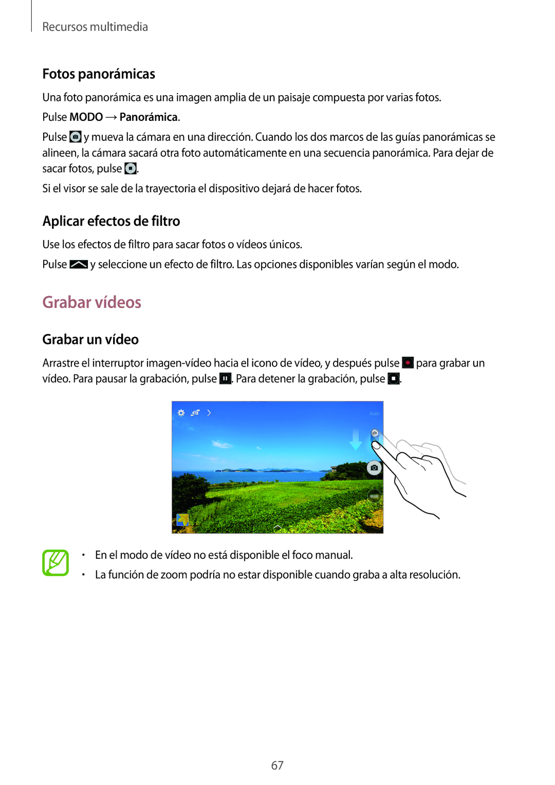 Samsung SM-T335NYKAATL, SM-T335NZWAPHE manual Grabar vídeos, Fotos panorámicas, Aplicar efectos de filtro, Grabar un vídeo 