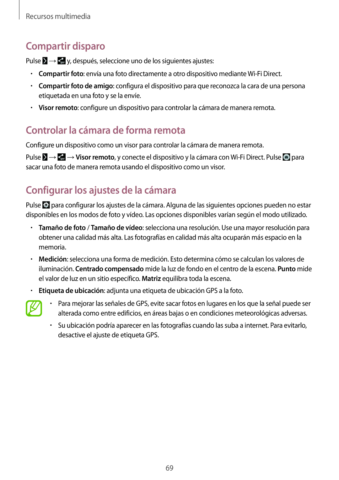 Samsung SM-T335NZWAPHE manual Compartir disparo, Controlar la cámara de forma remota, Configurar los ajustes de la cámara 