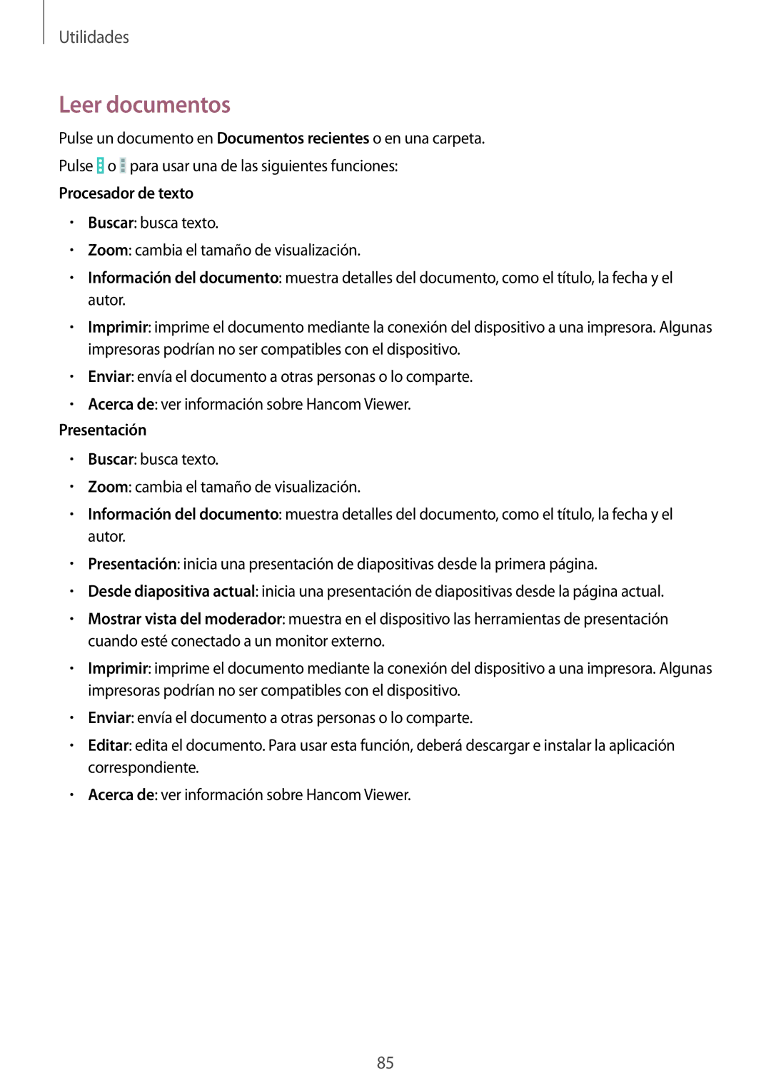 Samsung SM-T335NYKAATL, SM-T335NZWAPHE, SM-T335NYKAPHE manual Leer documentos, Procesador de texto, Presentación 