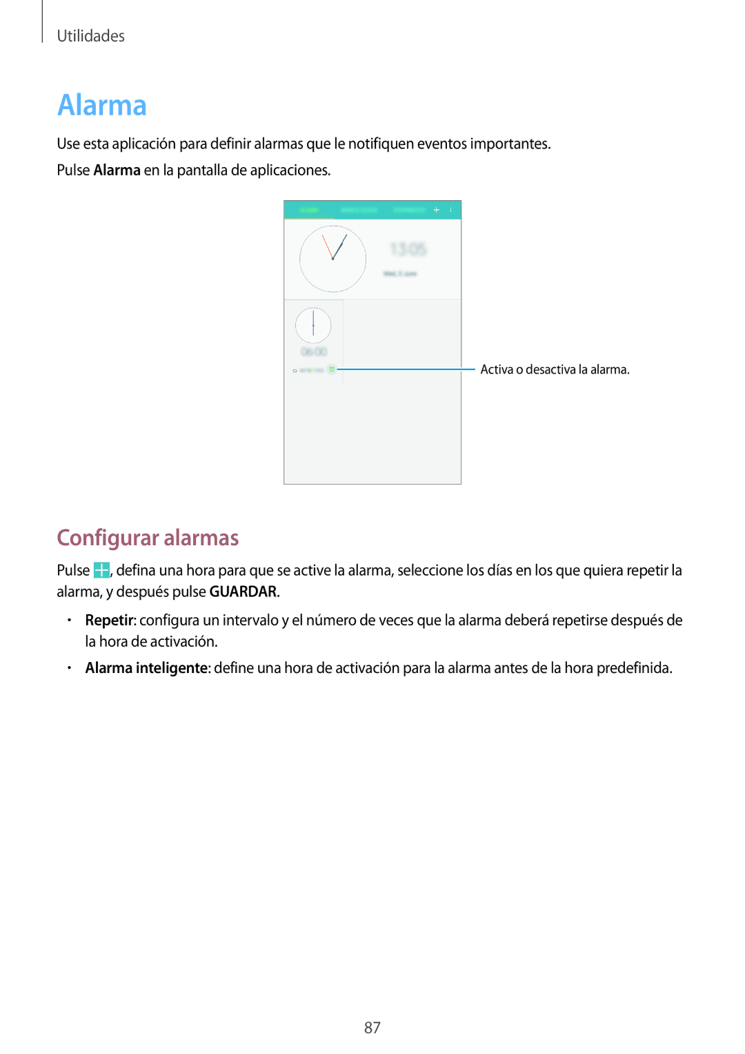 Samsung SM-T335NZWAPHE, SM-T335NYKAATL, SM-T335NYKAPHE manual Alarma, Configurar alarmas 