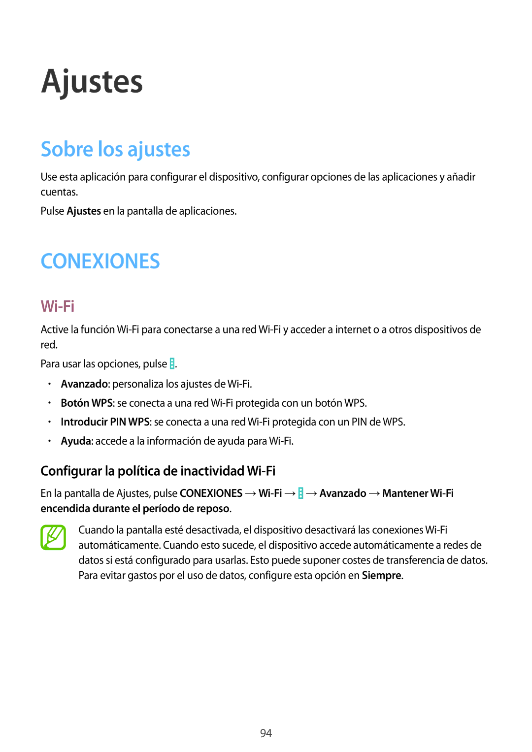 Samsung SM-T335NYKAATL, SM-T335NZWAPHE manual Ajustes, Sobre los ajustes, Configurar la política de inactividad Wi-Fi 