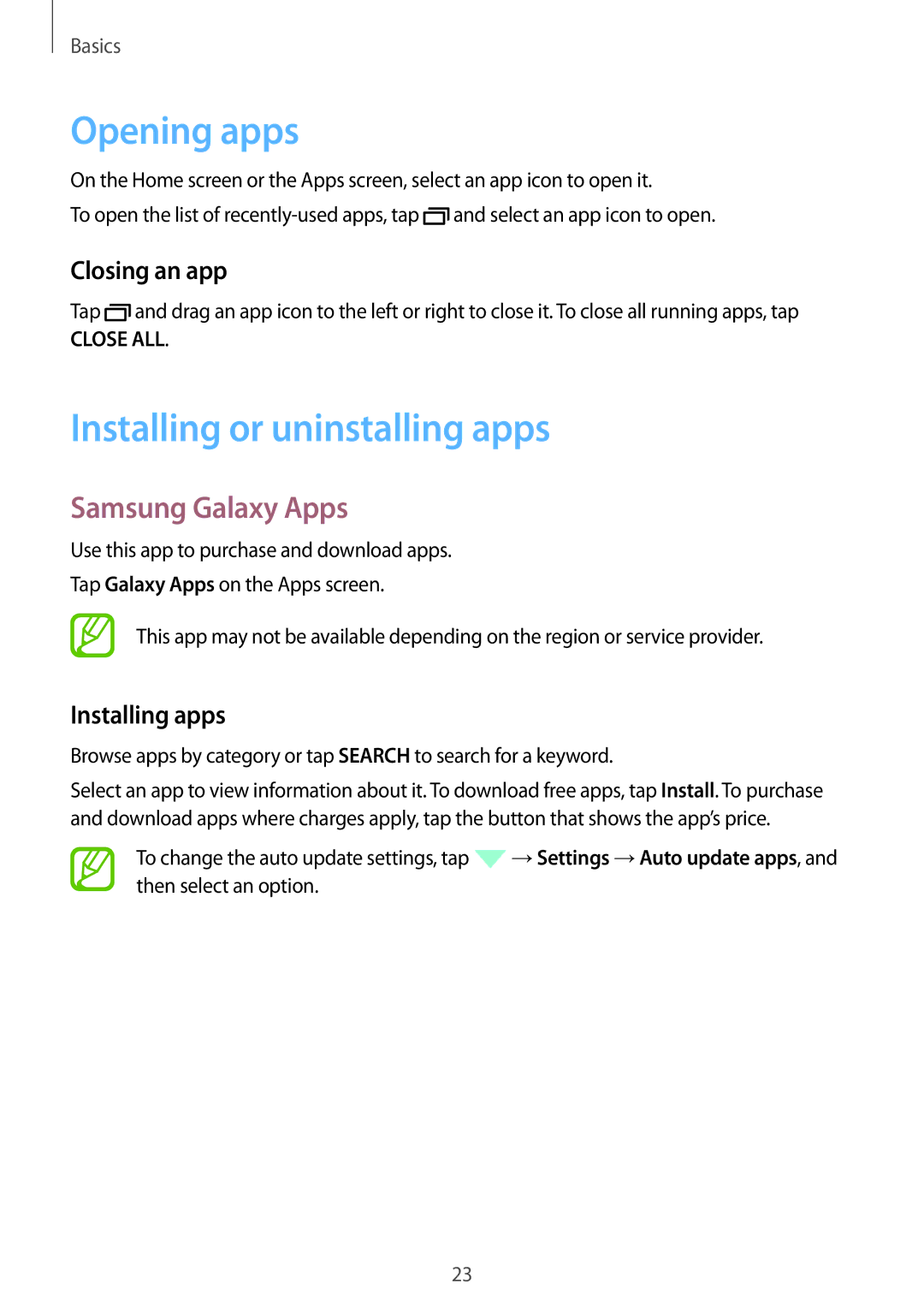 Samsung SM-T350NZKASER Opening apps, Installing or uninstalling apps, Samsung Galaxy Apps, Closing an app, Installing apps 