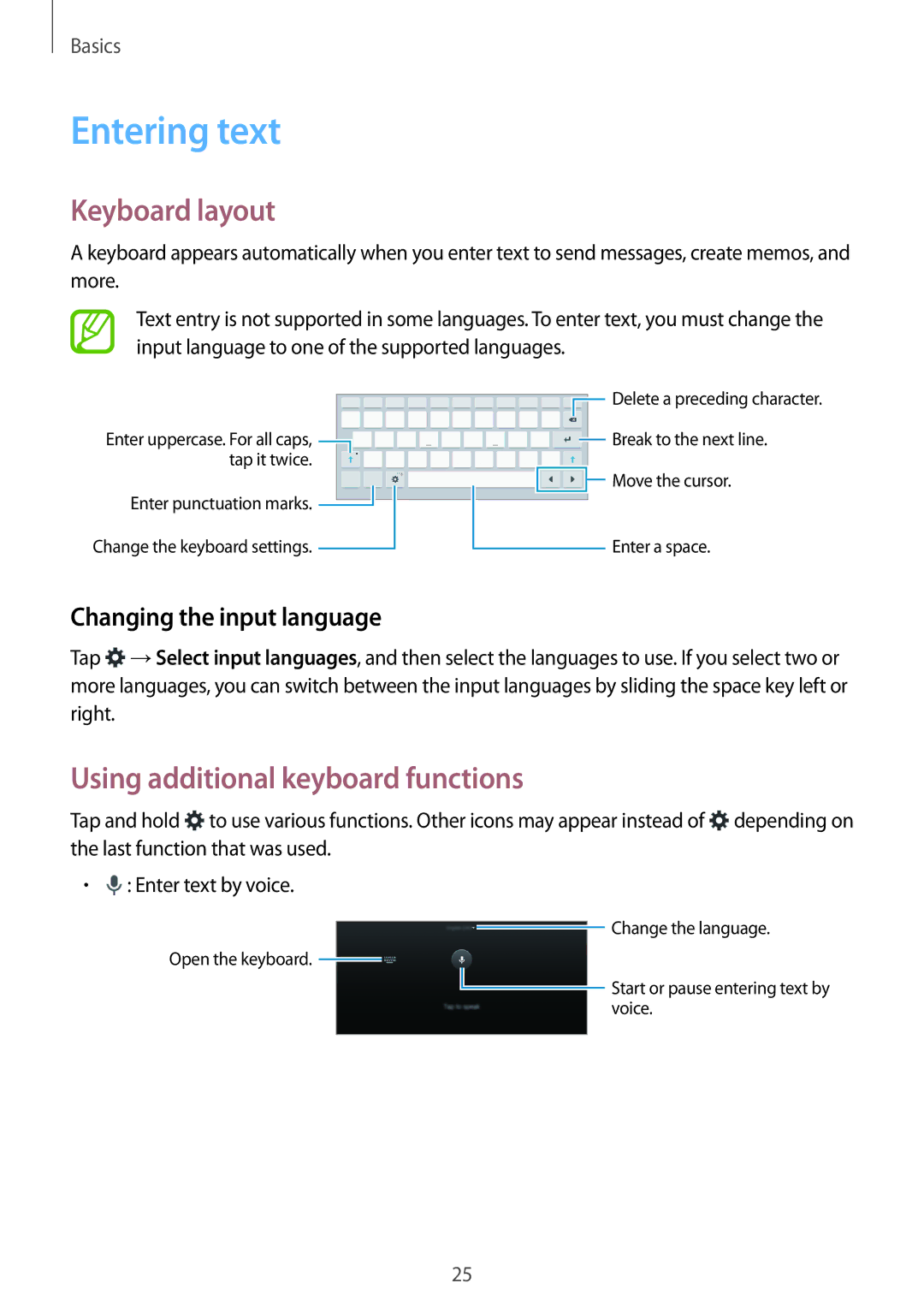 Samsung SM-T350NZAAKSA Entering text, Keyboard layout, Using additional keyboard functions, Changing the input language 