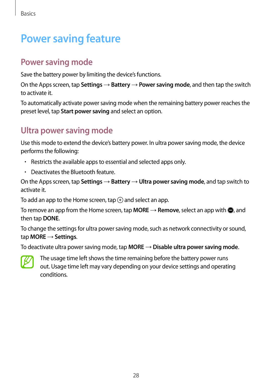 Samsung SM-T350NZWASER, SM-T350NZBAKSA, SM-T350NZAAKSA Power saving feature, Power saving mode, Ultra power saving mode 