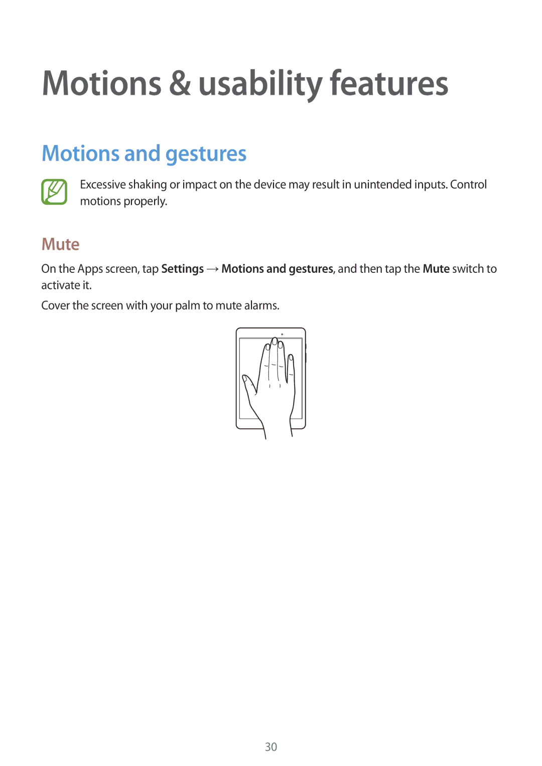 Samsung SM-T350NZBAKSA, SM-T350NZAAKSA, SM-T350NZWAKSA manual Motions & usability features, Motions and gestures, Mute 