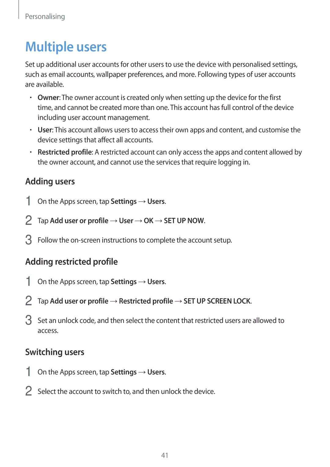 Samsung SM-T350NZKASER, SM-T350NZBAKSA manual Multiple users, Adding users, Adding restricted profile, Switching users 