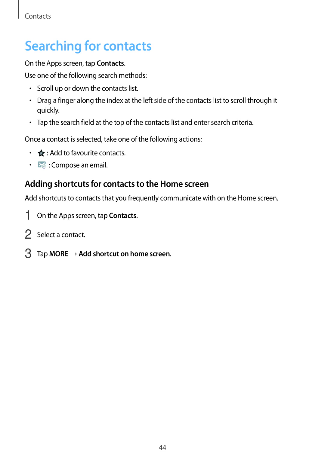 Samsung SM-T350NZWAKSA, SM-T350NZBAKSA manual Searching for contacts, Adding shortcuts for contacts to the Home screen 