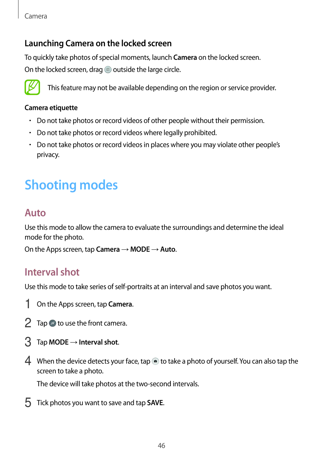 Samsung SM-T350NZWASER, SM-T350NZBAKSA manual Shooting modes, Auto, Interval shot, Launching Camera on the locked screen 