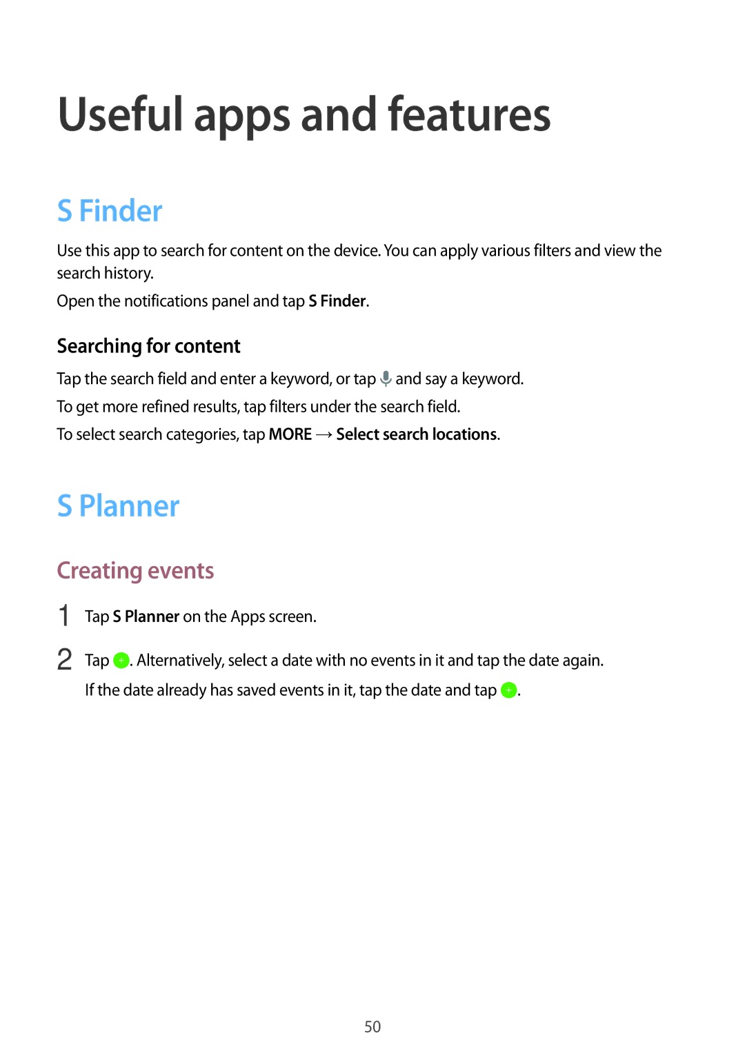 Samsung SM-T350NZWAKSA, SM-T350NZBAKSA Useful apps and features, Finder, Planner, Creating events, Searching for content 