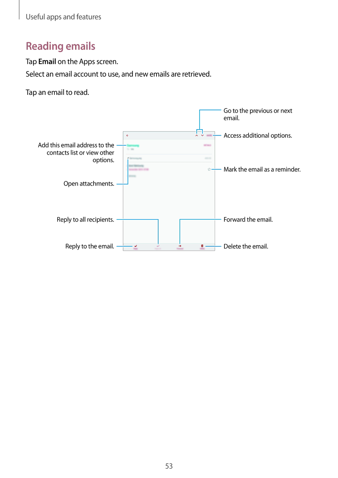 Samsung SM-T350NZKASER, SM-T350NZBAKSA, SM-T350NZAAKSA, SM-T350NZWAKSA, SM-T350NZKAILO, SM-T350NZWASER manual Reading emails 