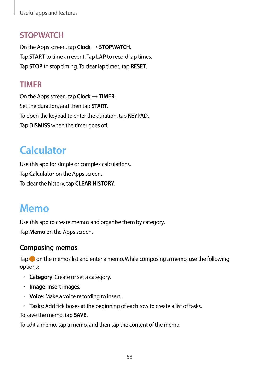 Samsung SM-T350NZWASER, SM-T350NZBAKSA, SM-T350NZAAKSA, SM-T350NZWAKSA, SM-T350NZKAILO manual Calculator, Memo, Composing memos 