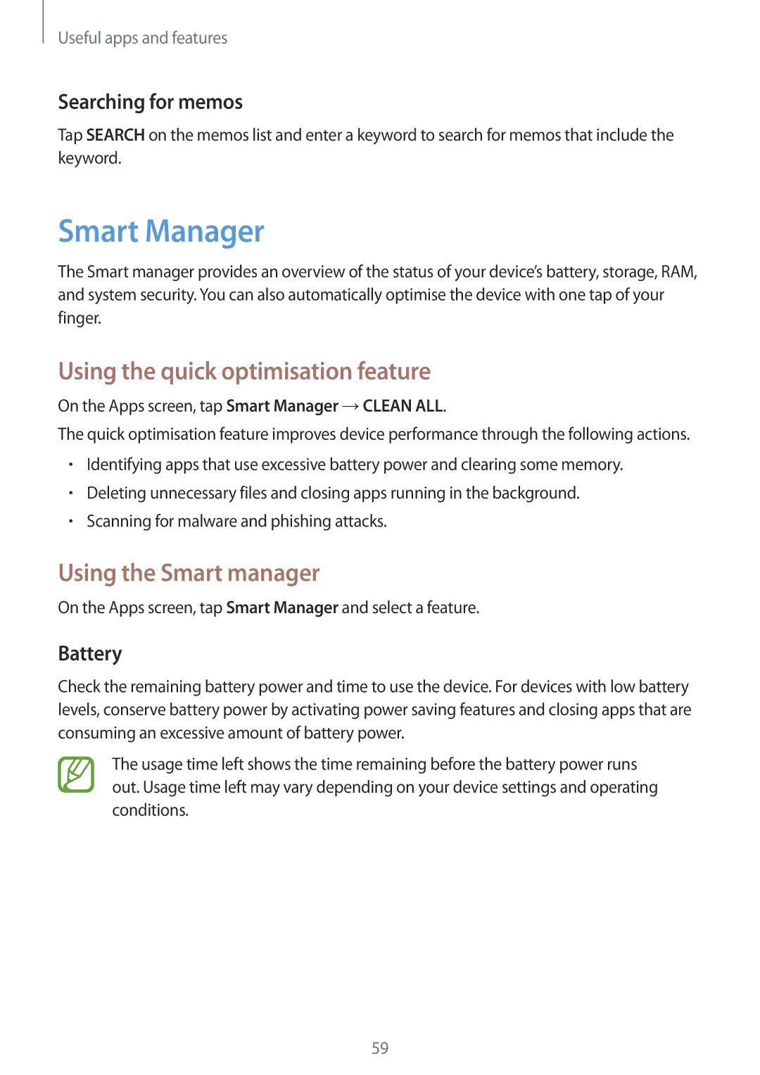 Samsung SM-T350NZKASER Smart Manager, Using the quick optimisation feature, Using the Smart manager, Searching for memos 