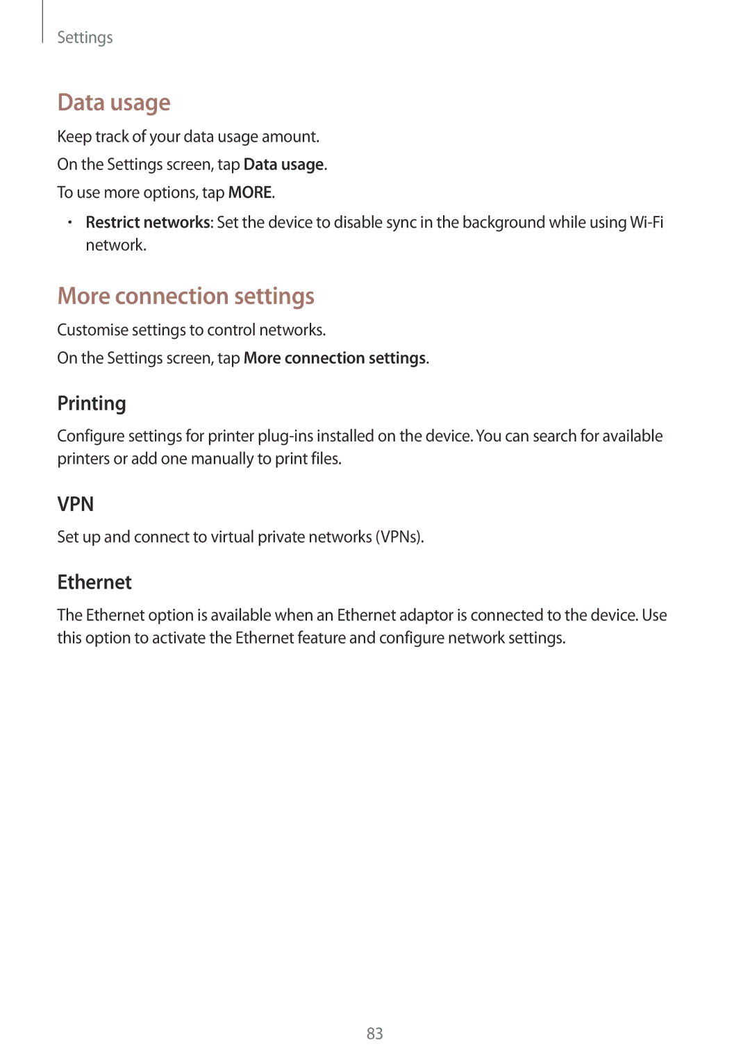 Samsung SM-T350NZKASER, SM-T350NZBAKSA, SM-T350NZAAKSA manual Data usage, More connection settings, Printing, Ethernet 