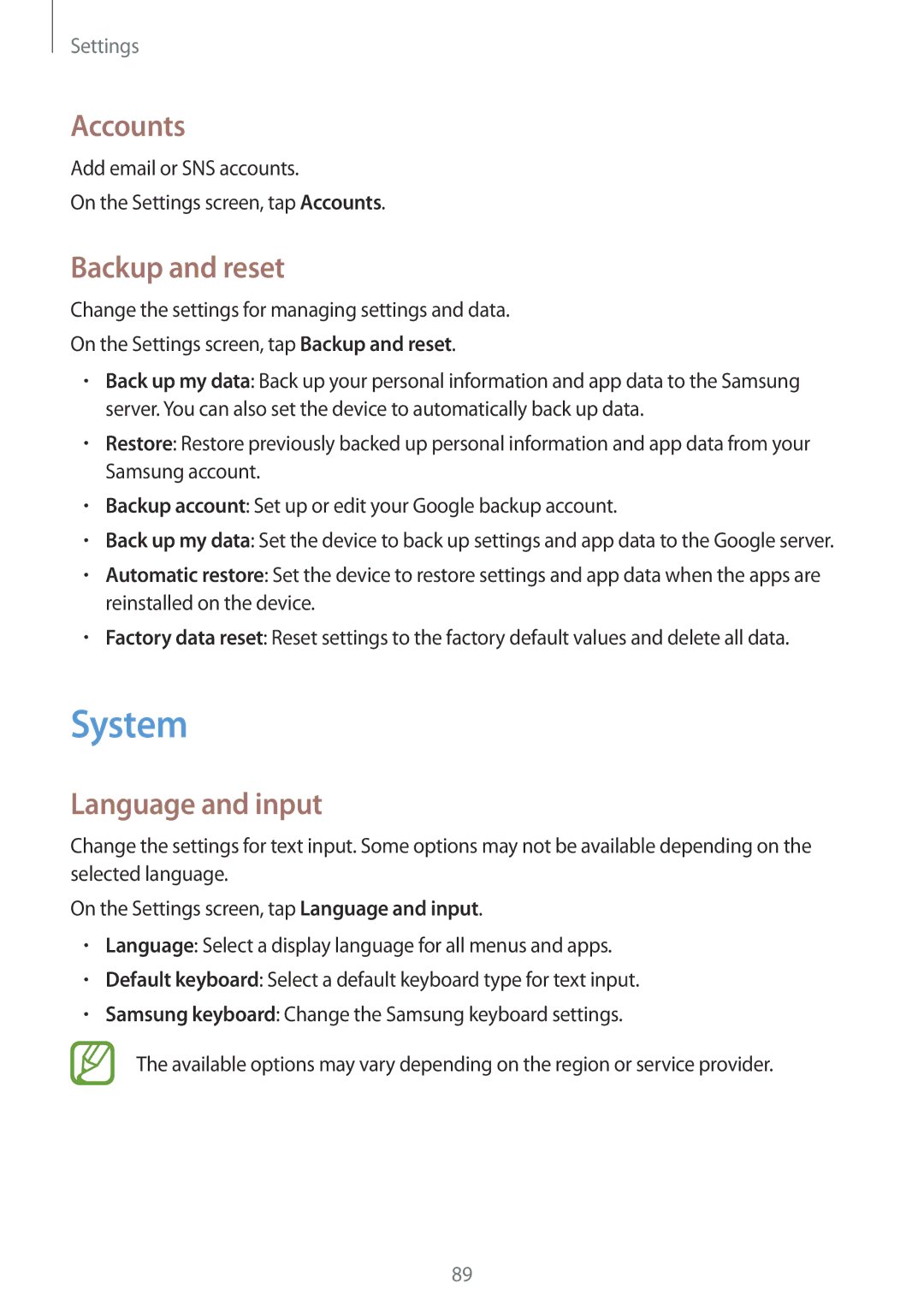 Samsung SM-T350NZKASER, SM-T350NZBAKSA, SM-T350NZAAKSA manual System, Accounts, Backup and reset, Language and input 