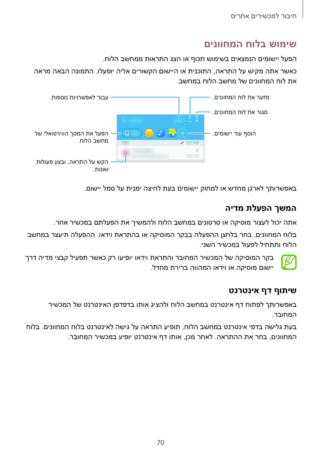 Samsung SM-T350NZKAILO, SM-T550NZKAILO manual םינווחמה חולב שומיש, הידמ תלעפה ךשמה, טנרטניא ףד ףותיש 