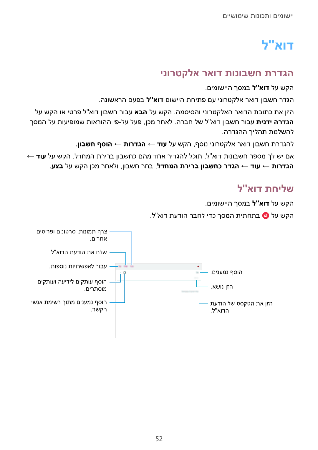 Samsung SM-T350NZKAILO manual ינורטקלא ראוד תונובשח תרדגה, לאוד תחילש 