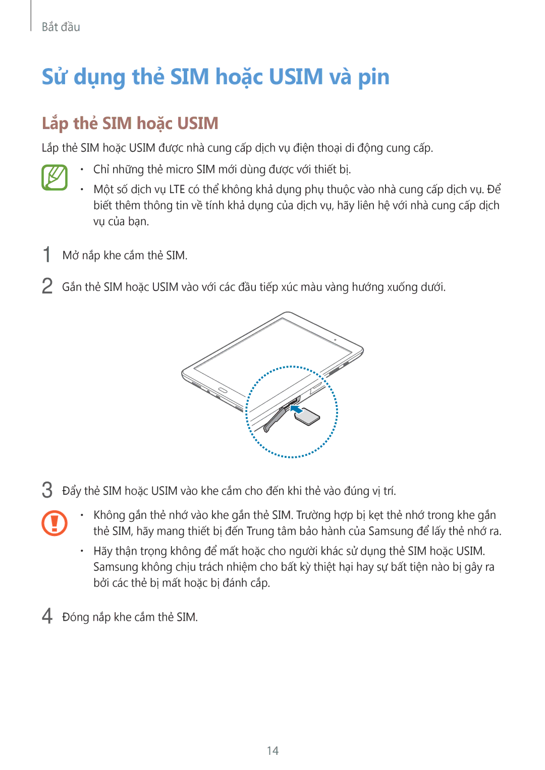 Samsung SM-P555NZWAXXV, SM-T355YZWAXXV, SM-P355NZAAXXV manual Sử dụng thẻ SIM hoặc Usim và pin, Lắp thẻ SIM hoặc Usim 