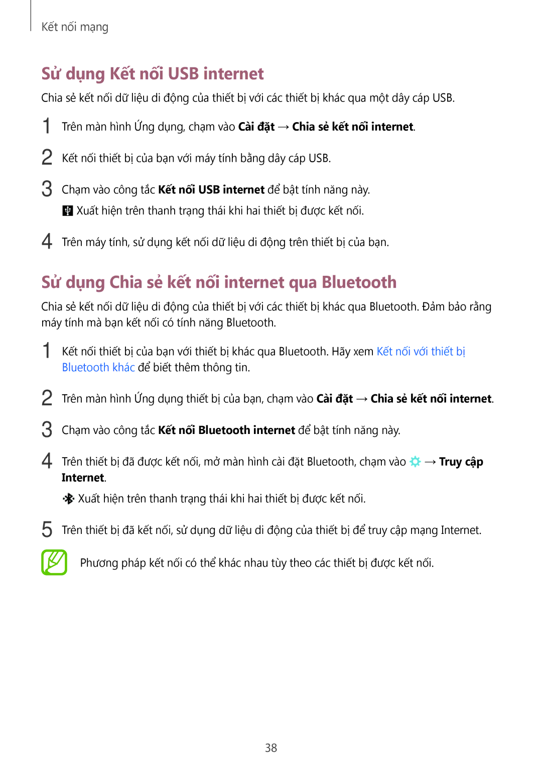Samsung SM-P555NZWAXXV, SM-T355YZWAXXV manual Sử dụng Kết nối USB internet, Sử dụng Chia sẻ kết nối internet qua Bluetooth 