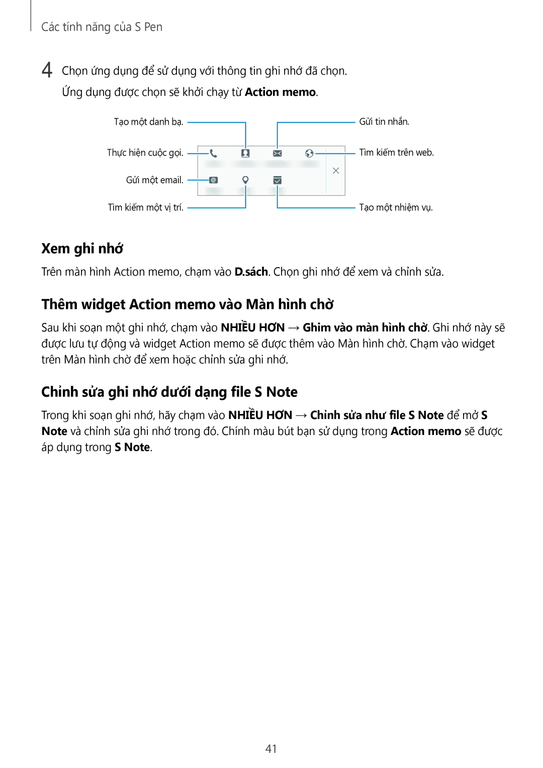 Samsung SM-T355YZAAXXV Xem ghi nhớ, Thêm widget Action memo vào Màn hình chờ̀, Chỉnh sửa ghi nhớ dưới dạng file S Note 