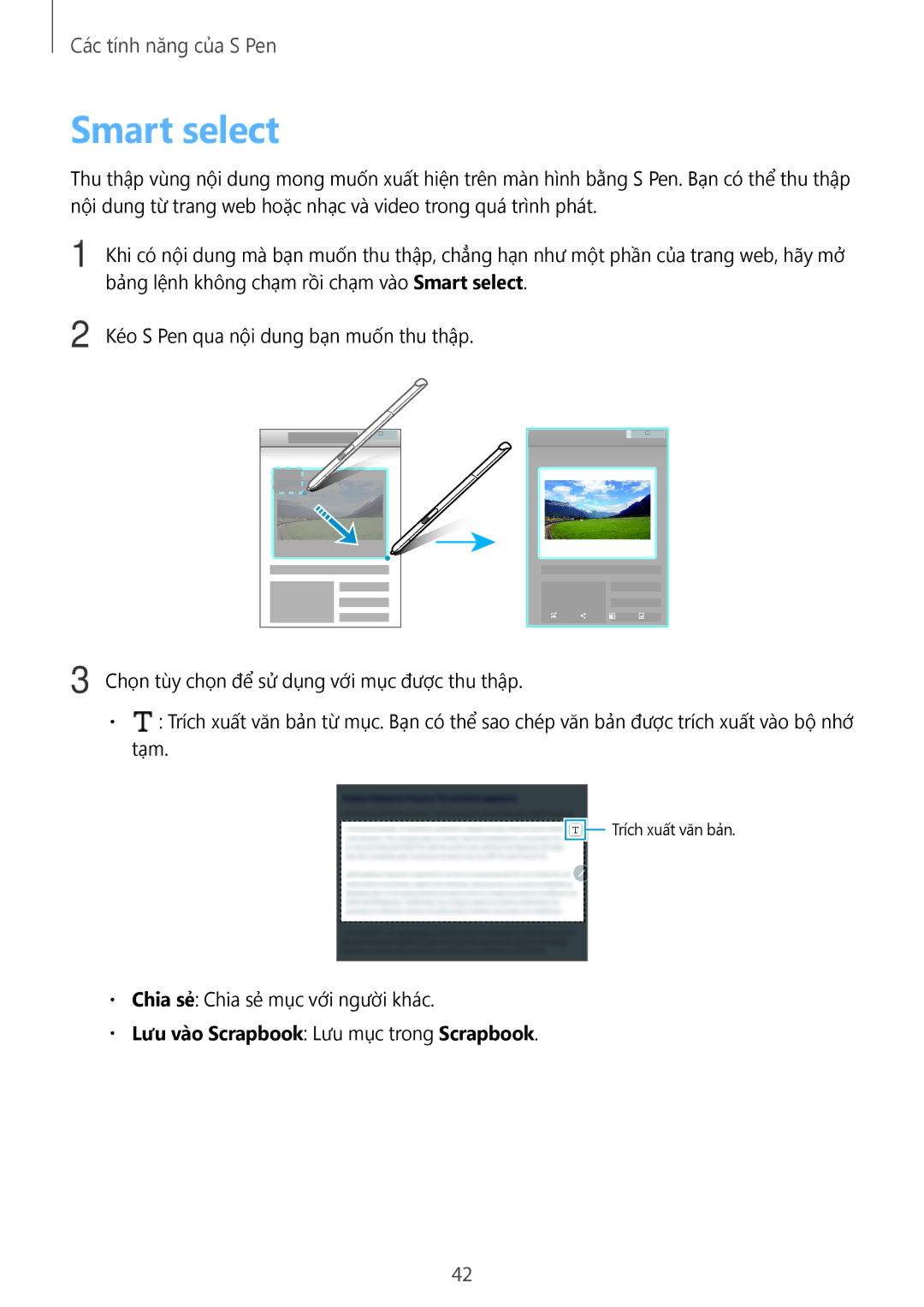 Samsung SM-T355YZWAXXV, SM-P355NZAAXXV, SM-P555NZWAXXV manual Smart select, Lưu vào Scrapbook Lưu mục trong Scrapbook 