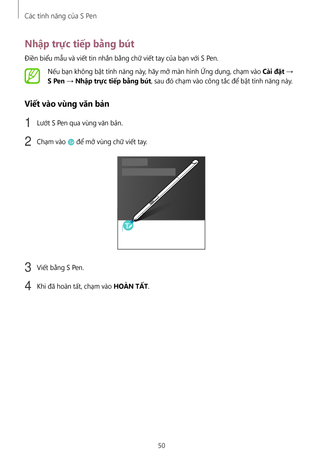 Samsung SM-P555NZWAXXV, SM-T355YZWAXXV, SM-P355NZAAXXV, SM-P555NZAAXXV manual Nhập trực tiếp bằng bút, Viết vào vùng văn bản 