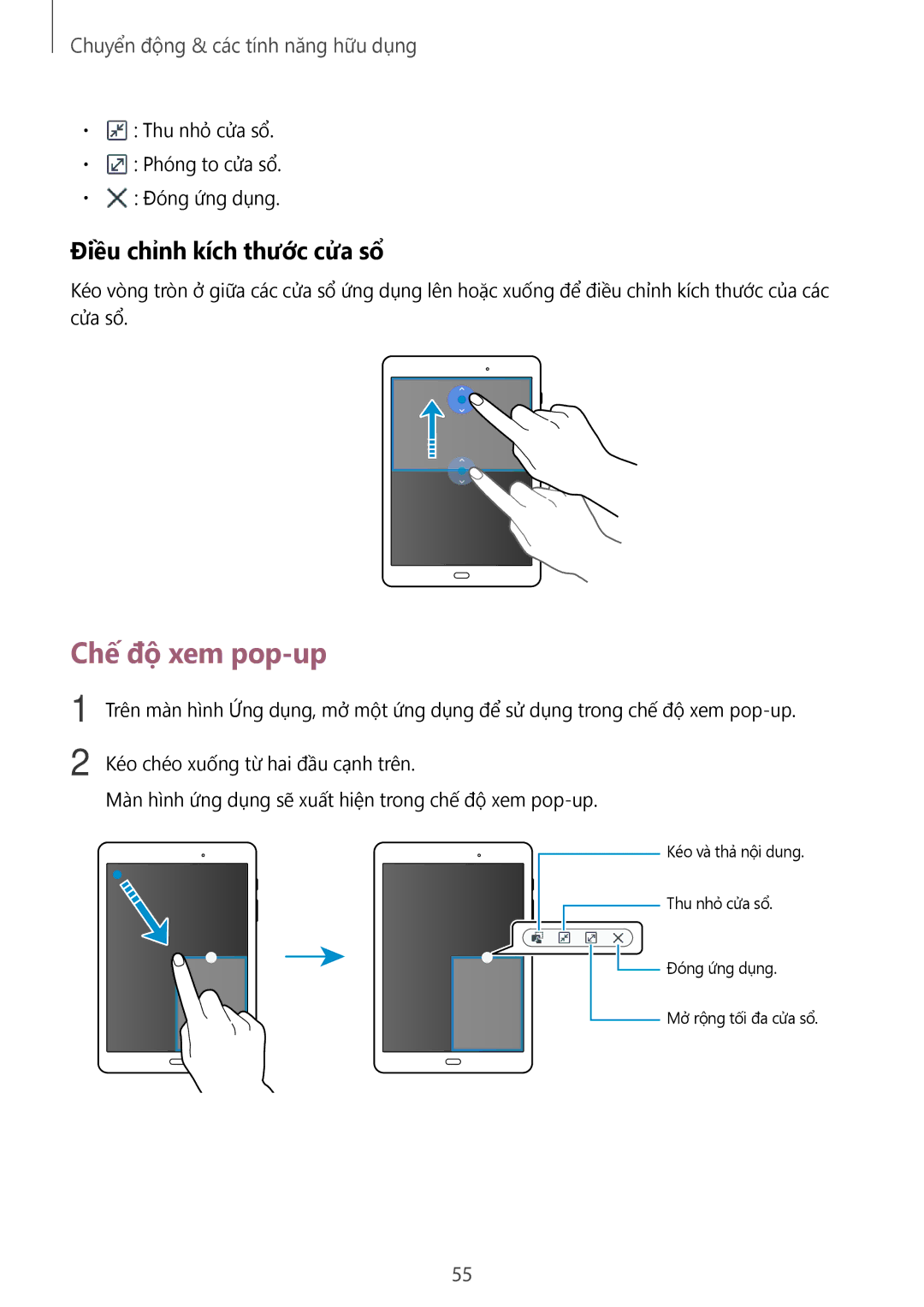Samsung SM-P355NZAAXXV, SM-T355YZWAXXV, SM-P555NZWAXXV, SM-P555NZAAXXV manual Chế độ xem pop-up, Điều chỉnh kích thước cửa sổ 