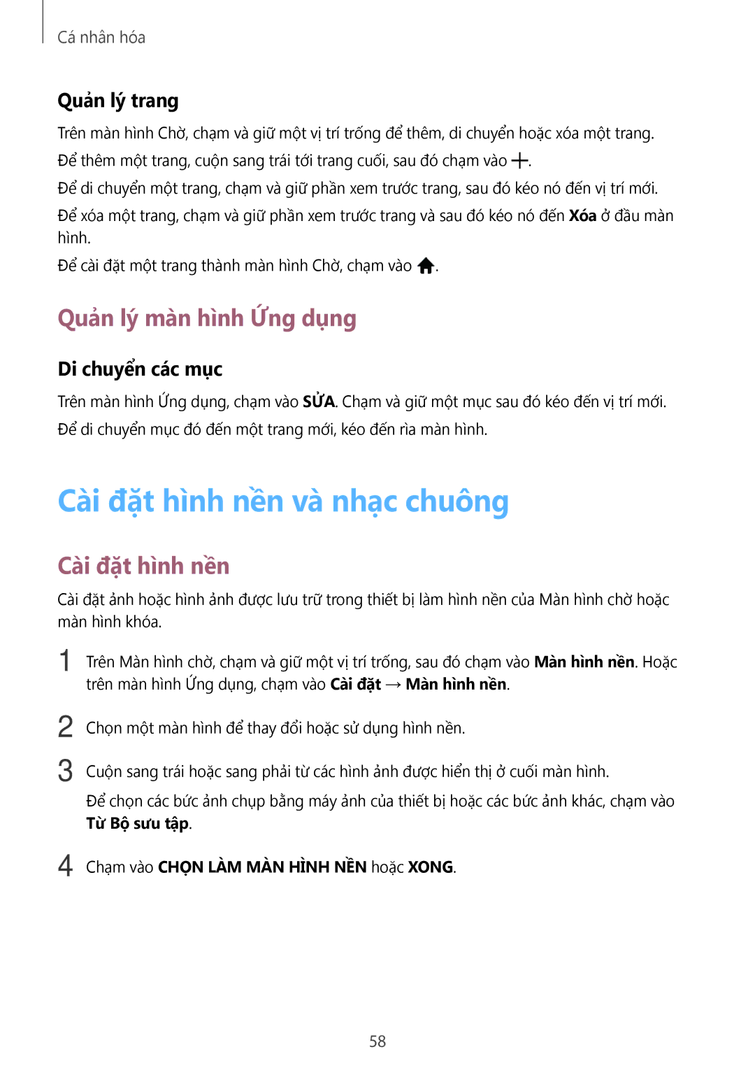 Samsung SM-P355NZWAXXV manual Cài đặt hình nền và nhạc chuông, Quản lý màn hình Ứng dụng, Quản lý trang, Di chuyển các mục 