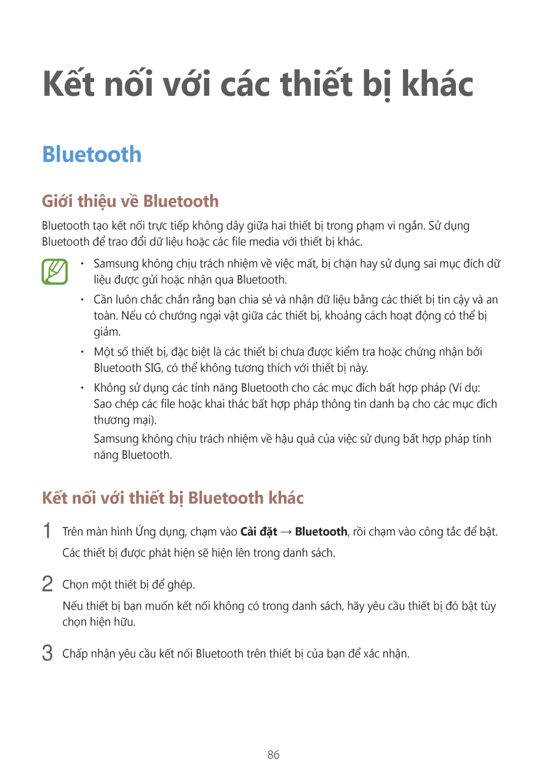 Samsung SM-P555NZWAXXV Kết nối với các thiết bị khác, Giới thiệu về Bluetooth, Kết nối với thiết bị Bluetooth khác 