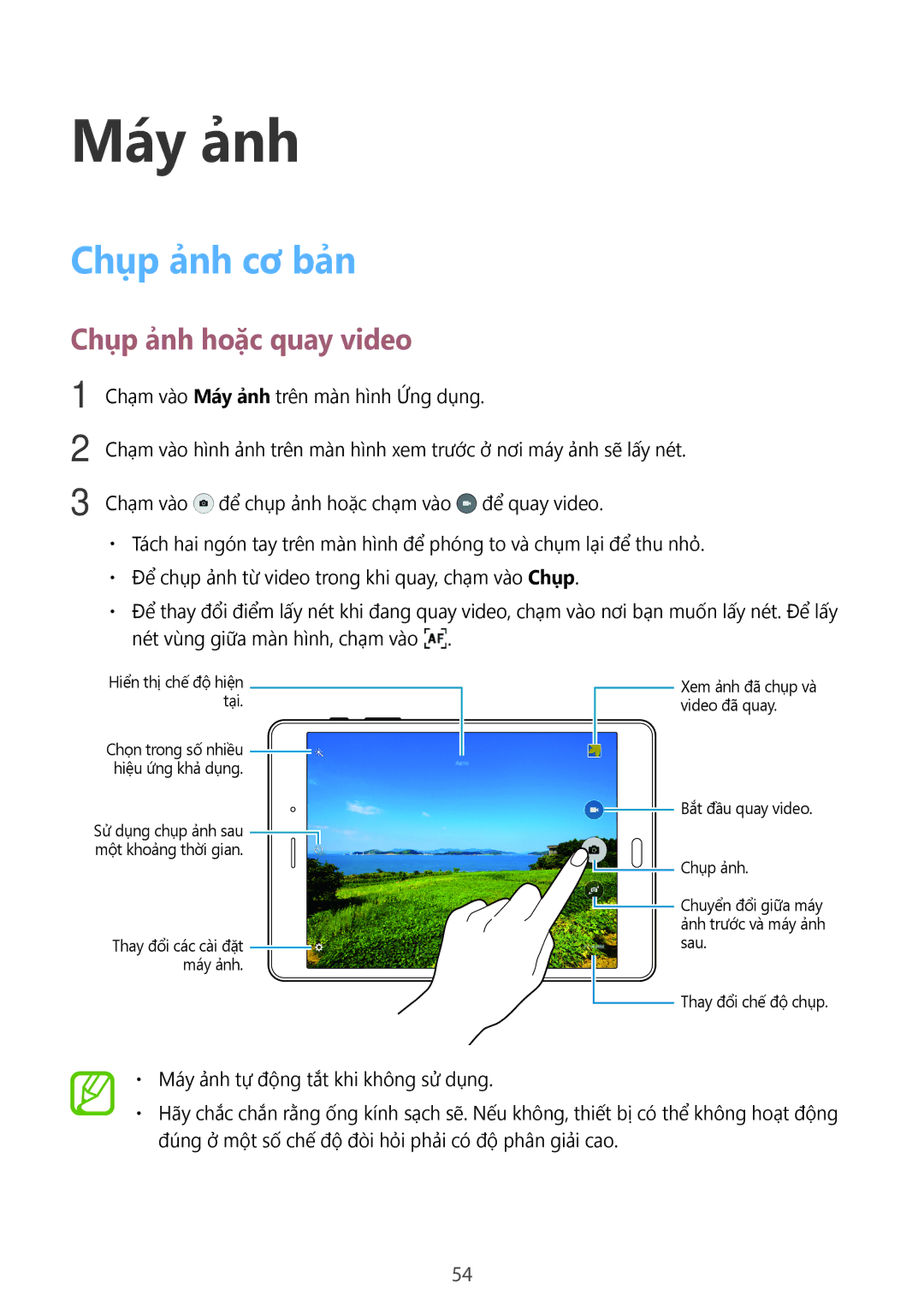 Samsung SM-T355YZWAXXV, SM-T355YZAAXXV manual Máy ảnh, Chụp ảnh cơ bản, Chụp ảnh hoặc quay video 