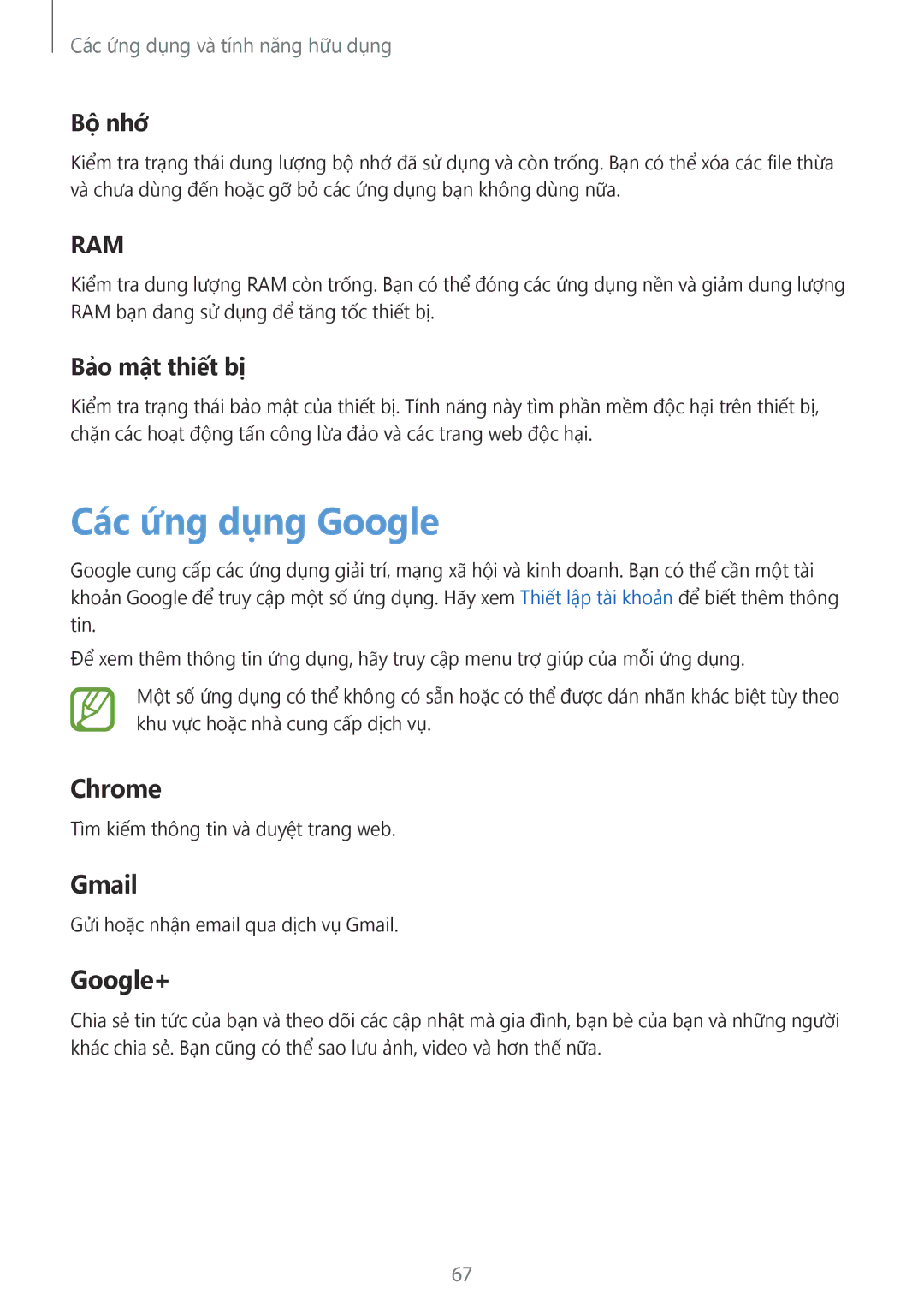 Samsung SM-T355YZAAXXV, SM-T355YZWAXXV manual Các ứng dụng Google, Bộ nhớ, Bảo mật thiết bị 