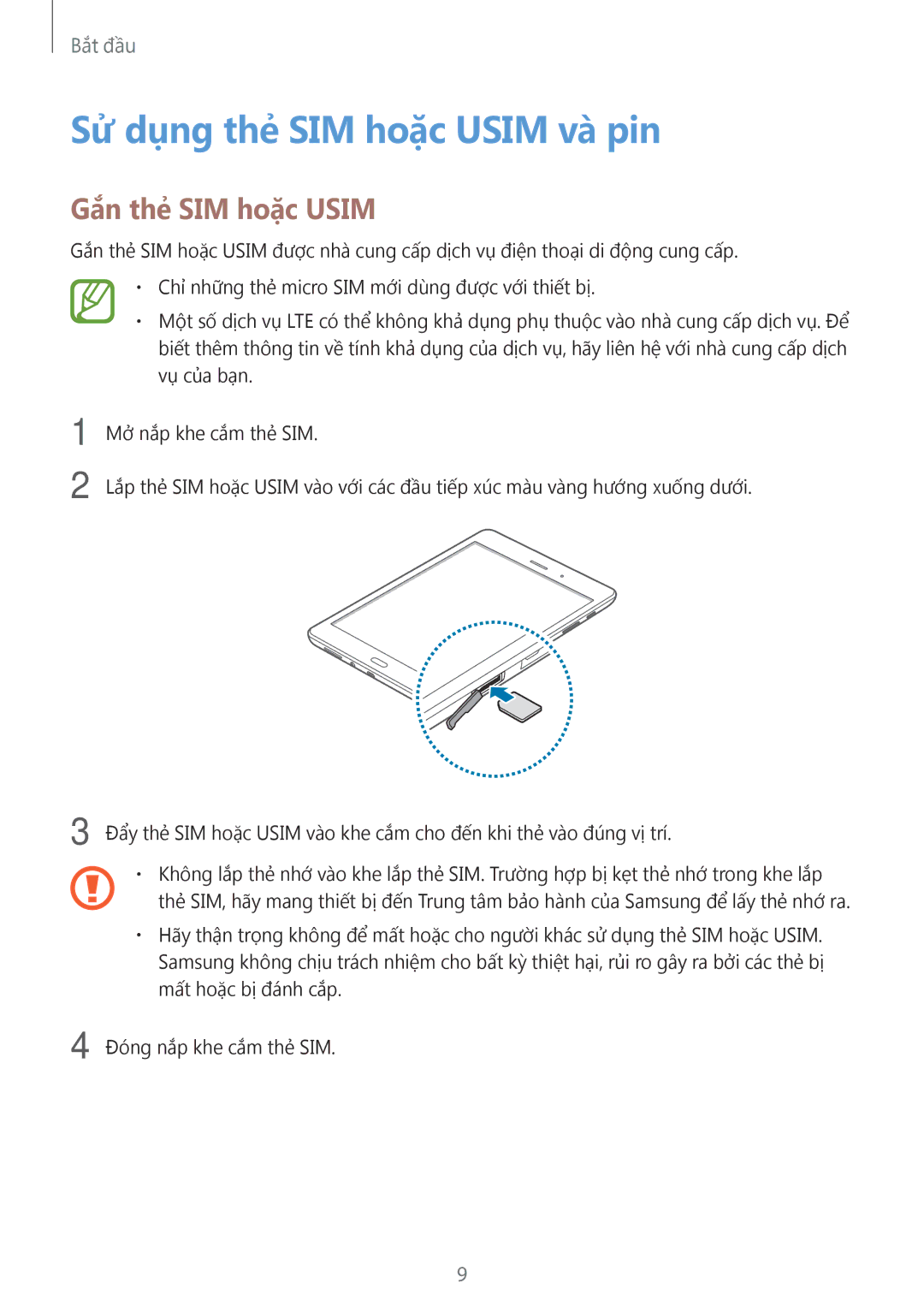 Samsung SM-T355YZAAXXV, SM-T355YZWAXXV manual Sử dụng thẻ SIM hoặc Usim và pin, Gắn thẻ SIM hoặc Usim 