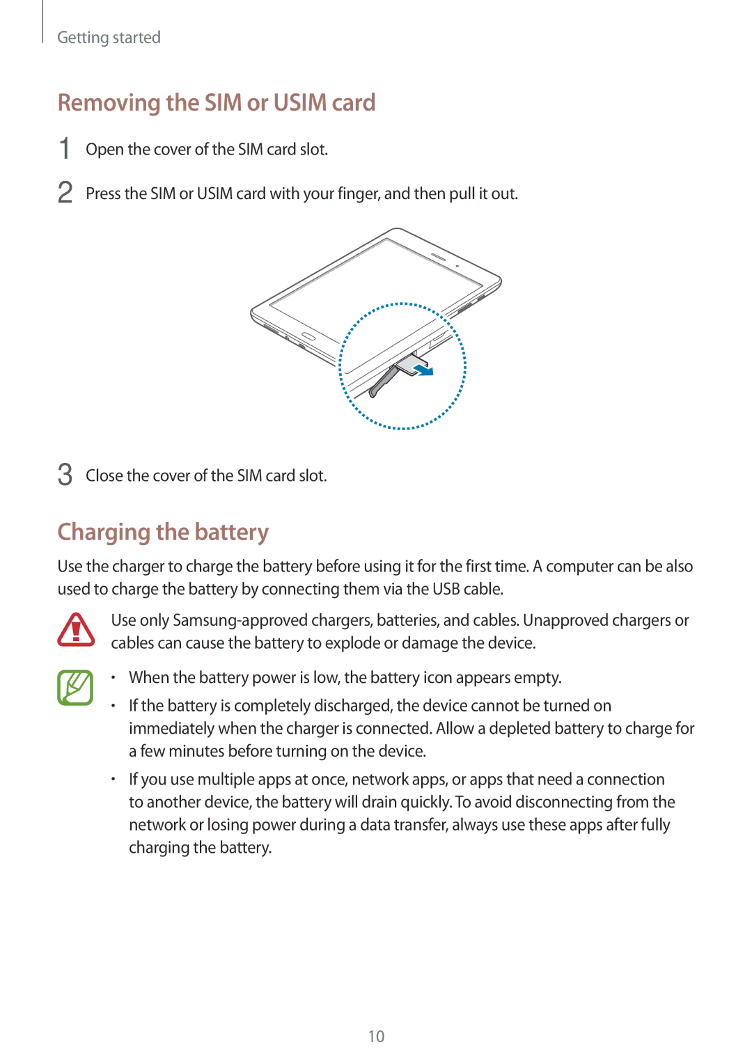 Samsung SM-T355YZWAXXV, SM-T355YZAAXXV manual Removing the SIM or Usim card, Charging the battery 