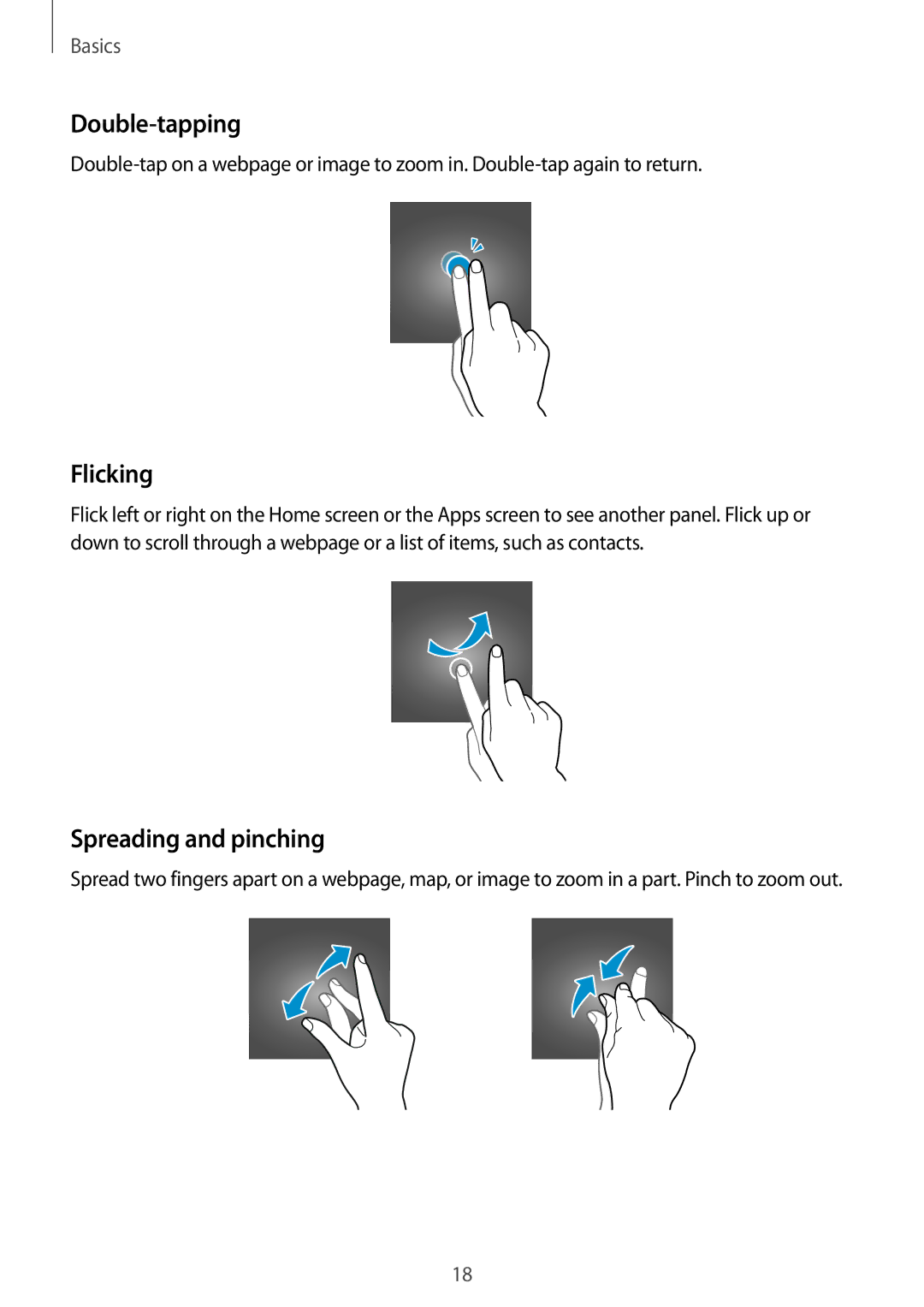 Samsung SM-T355YZWAXXV, SM-T355YZAAXXV manual Double-tapping, Flicking, Spreading and pinching 