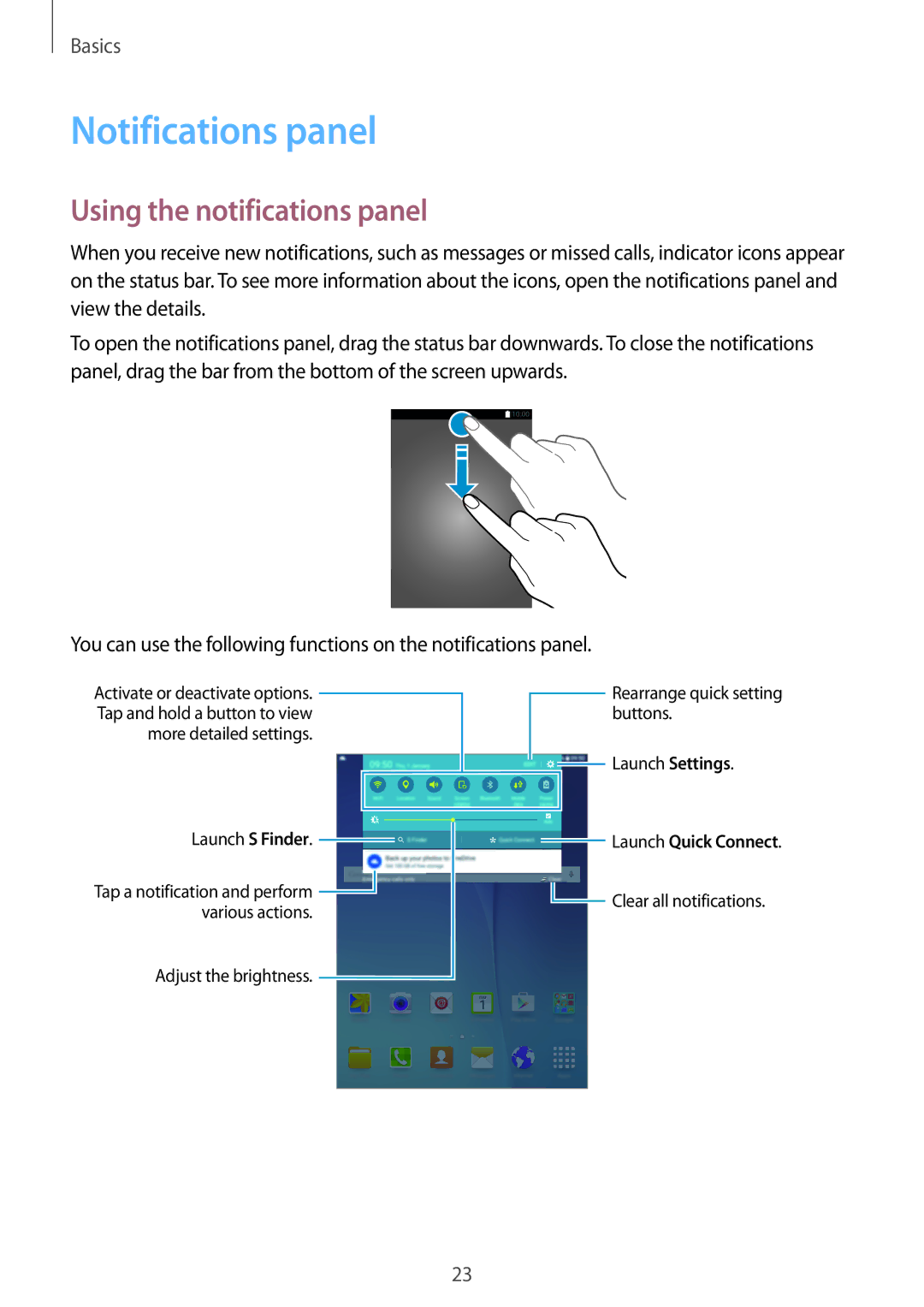 Samsung SM-T355YZAAXXV, SM-T355YZWAXXV manual Notifications panel, Using the notifications panel 