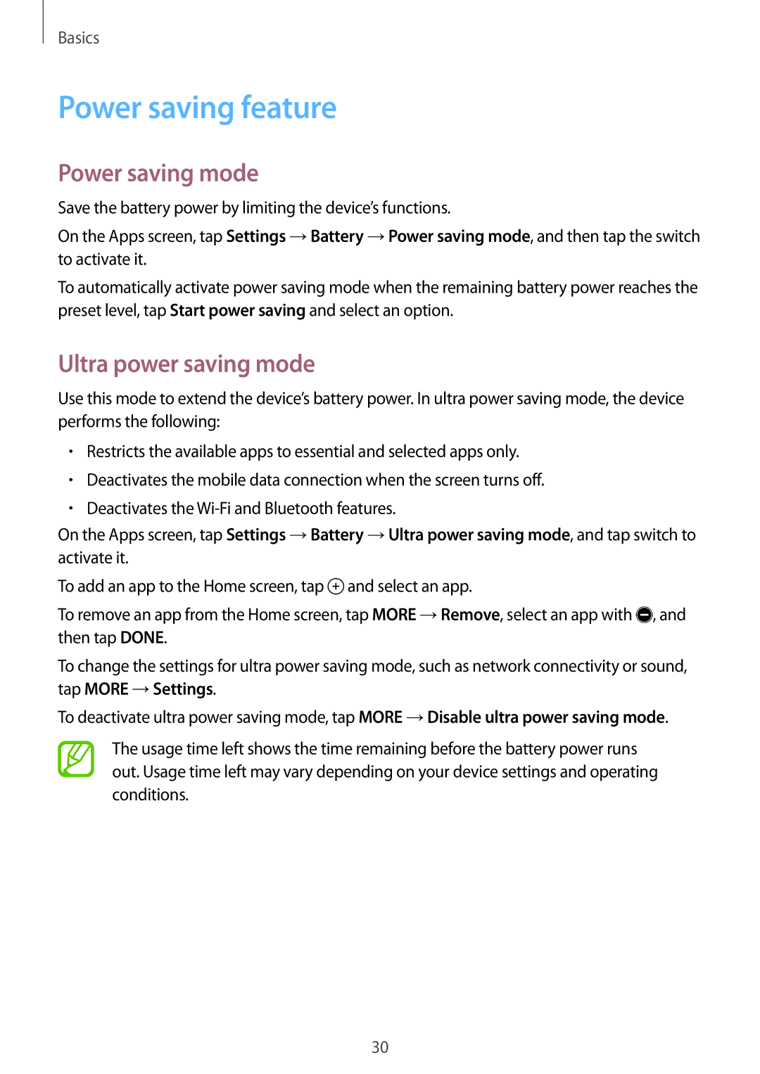 Samsung SM-T355YZWAXXV, SM-T355YZAAXXV manual Power saving feature, Power saving mode, Ultra power saving mode 