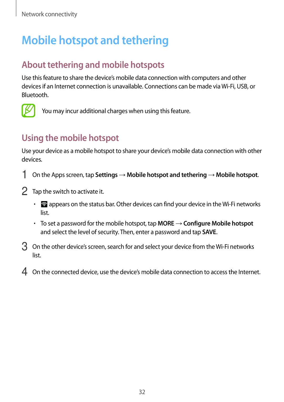 Samsung SM-T355YZWAXXV manual Mobile hotspot and tethering, About tethering and mobile hotspots, Using the mobile hotspot 