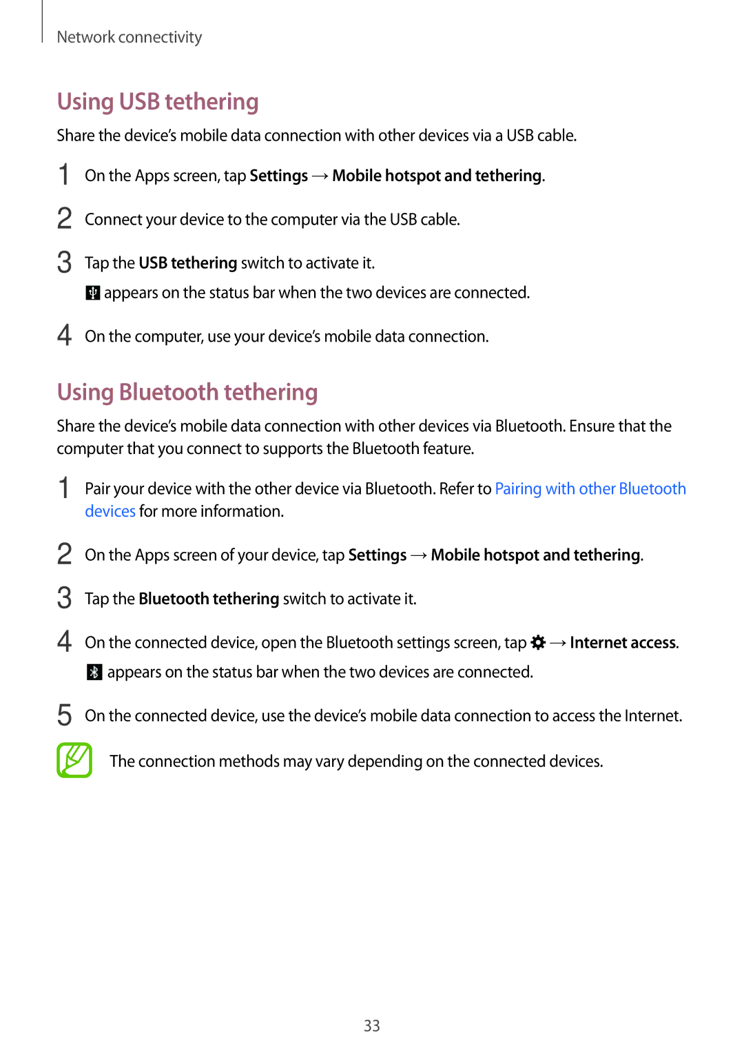 Samsung SM-T355YZAAXXV, SM-T355YZWAXXV manual Using USB tethering, Using Bluetooth tethering 