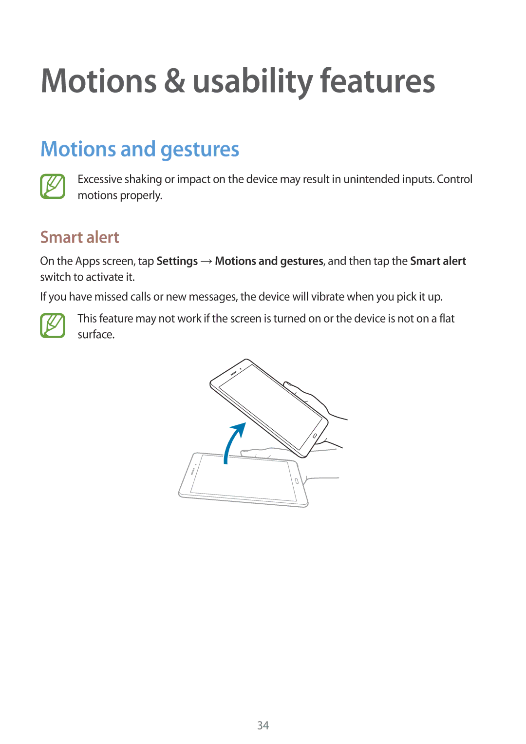 Samsung SM-T355YZWAXXV, SM-T355YZAAXXV manual Motions & usability features, Motions and gestures, Smart alert 