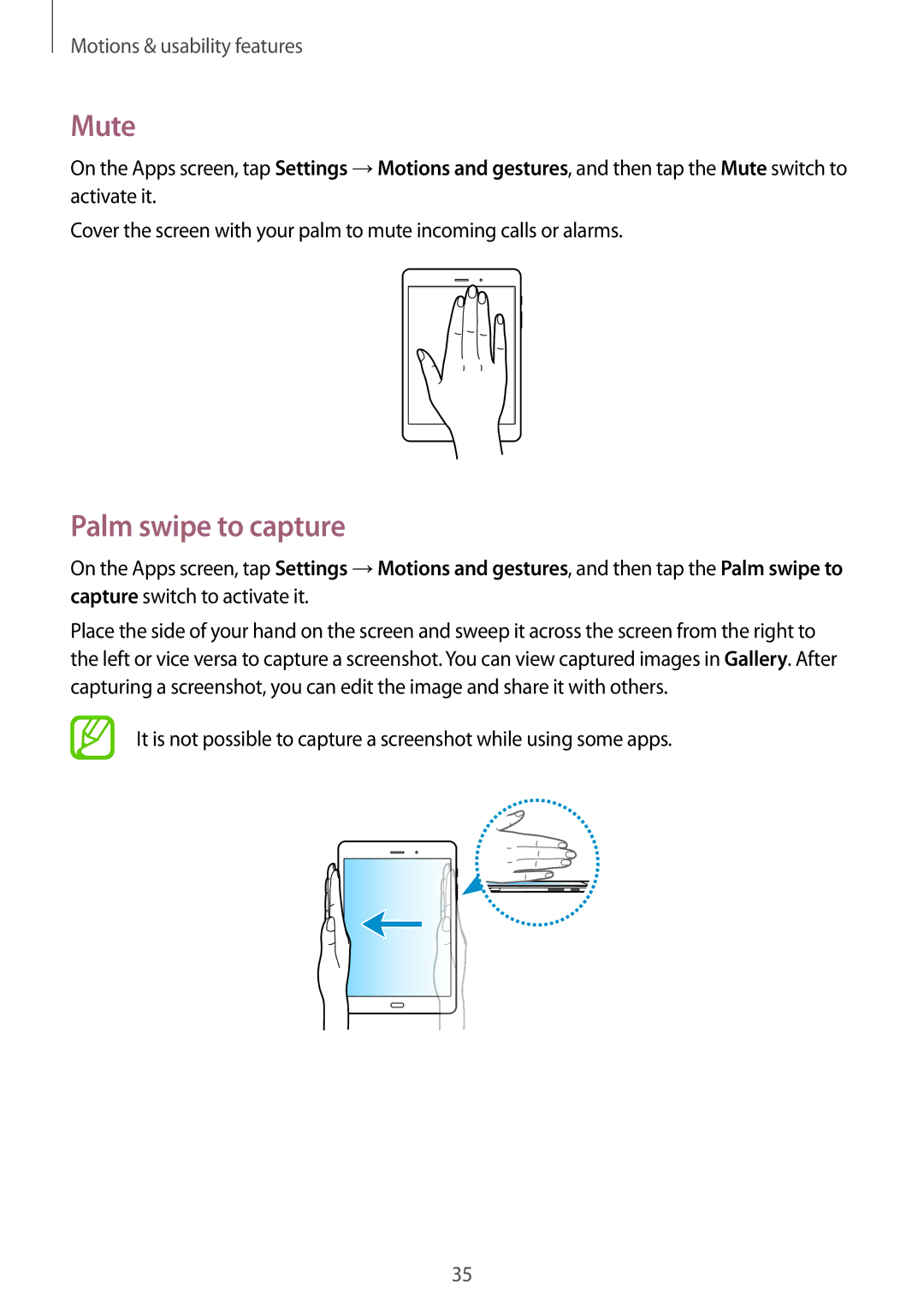 Samsung SM-T355YZAAXXV, SM-T355YZWAXXV manual Mute, Palm swipe to capture 