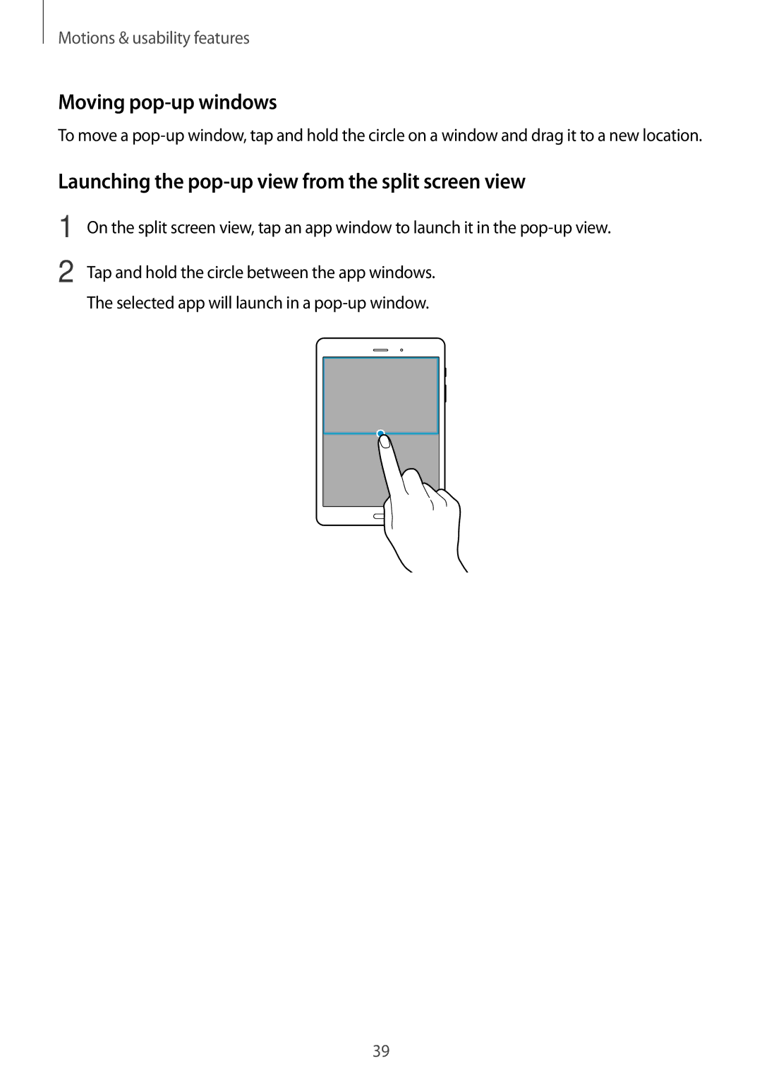 Samsung SM-T355YZAAXXV, SM-T355YZWAXXV manual Moving pop-up windows, Launching the pop-up view from the split screen view 