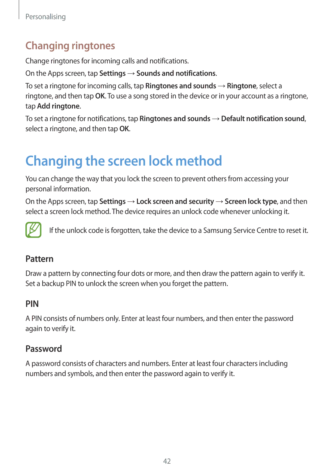 Samsung SM-T355YZWAXXV, SM-T355YZAAXXV manual Changing the screen lock method, Changing ringtones, Pattern, Password 