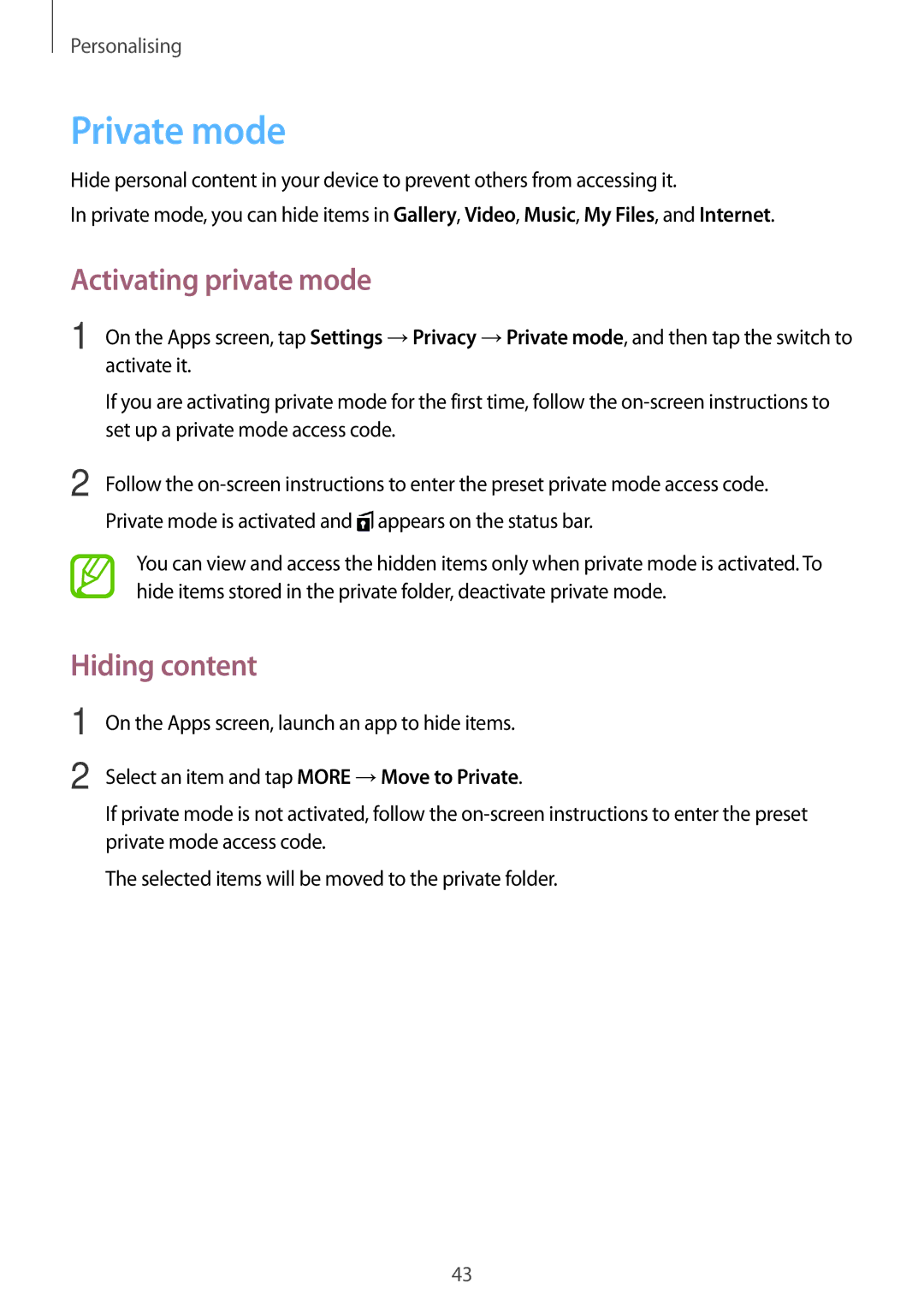 Samsung SM-T355YZAAXXV, SM-T355YZWAXXV manual Private mode, Activating private mode, Hiding content 